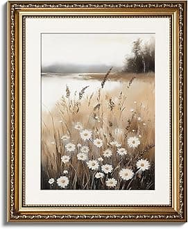 ARPEOTCY Vintage Gold Framed Wall Art, Wildflower Field Paintings, Floral Canvas Prints Artwork with Antique Frame, Victorian Wall Picture Decor for Room Gallery Living Room, 13x16 inch