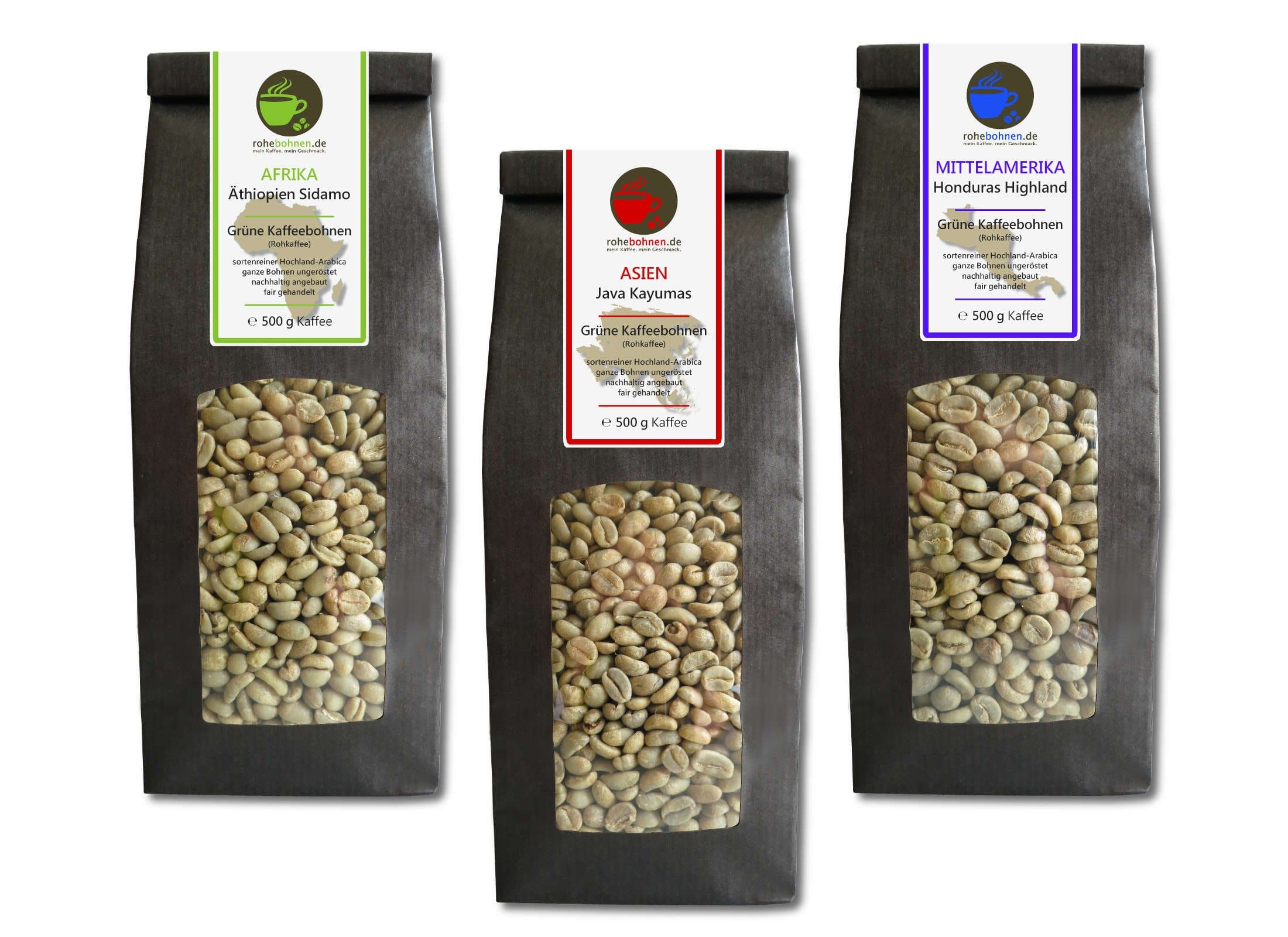 Green coffee beans Ethiopia, Java, Honduras (highland raw coffee beans, unroasted) 3x500g value pack - GMP certified