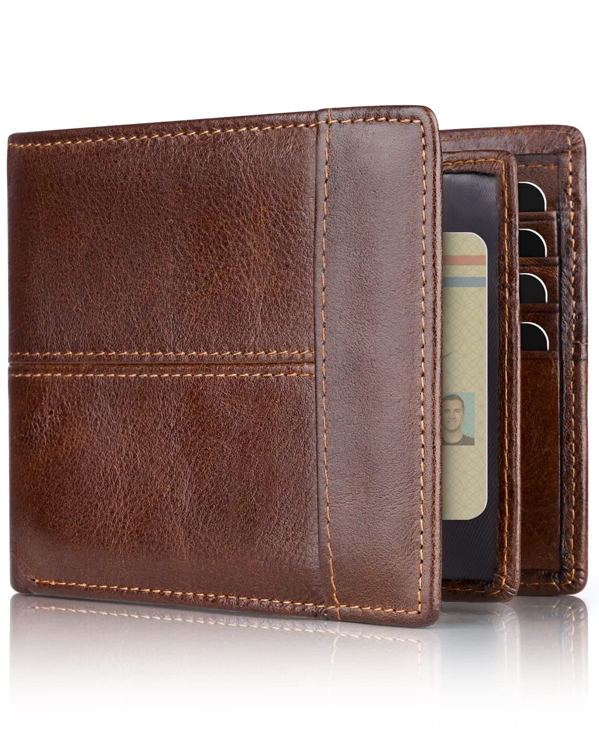 Mens Wallet RFID Genuine Leather Bifold Wallets For Men, ID Window 16 Card Holders Gift Box
