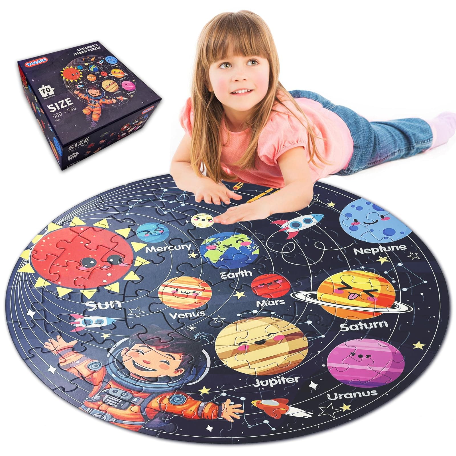Puzzles for Kids Ages 4-6 with Solar System Planets, 70 Piece Round Large Kids Floor Puzzles for Ages 3 4 5 6 7 8, Educational Toy Gift Jigsaw Puzzles for 5 Year Old Boys Girls