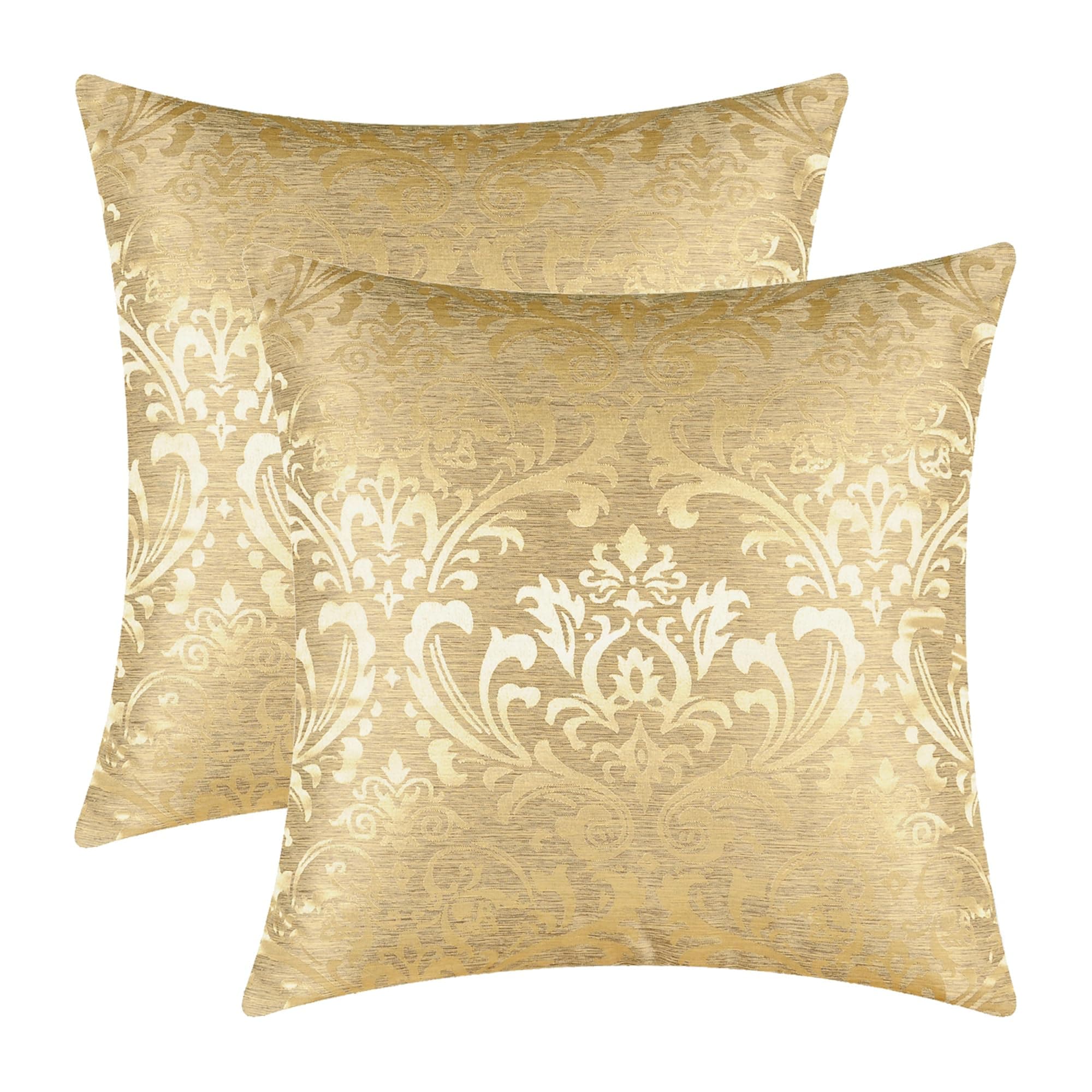 Pack of 2 Throw Pillow Covers Cases for Couch Sofa Home Decoration Vintage Damask Floral Shining & Dull Contrast 18 X 18 Inches Gold