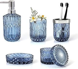 Blue Bathroom Accessories Set, 5Pcs Clear Glass Bathroom Accessories, Hand Soap Dispenser, Soap Dish, Toothbrush Holder Set, Qtips Holder for Crystal Vintage Bath Countertop Decor, Gift Set