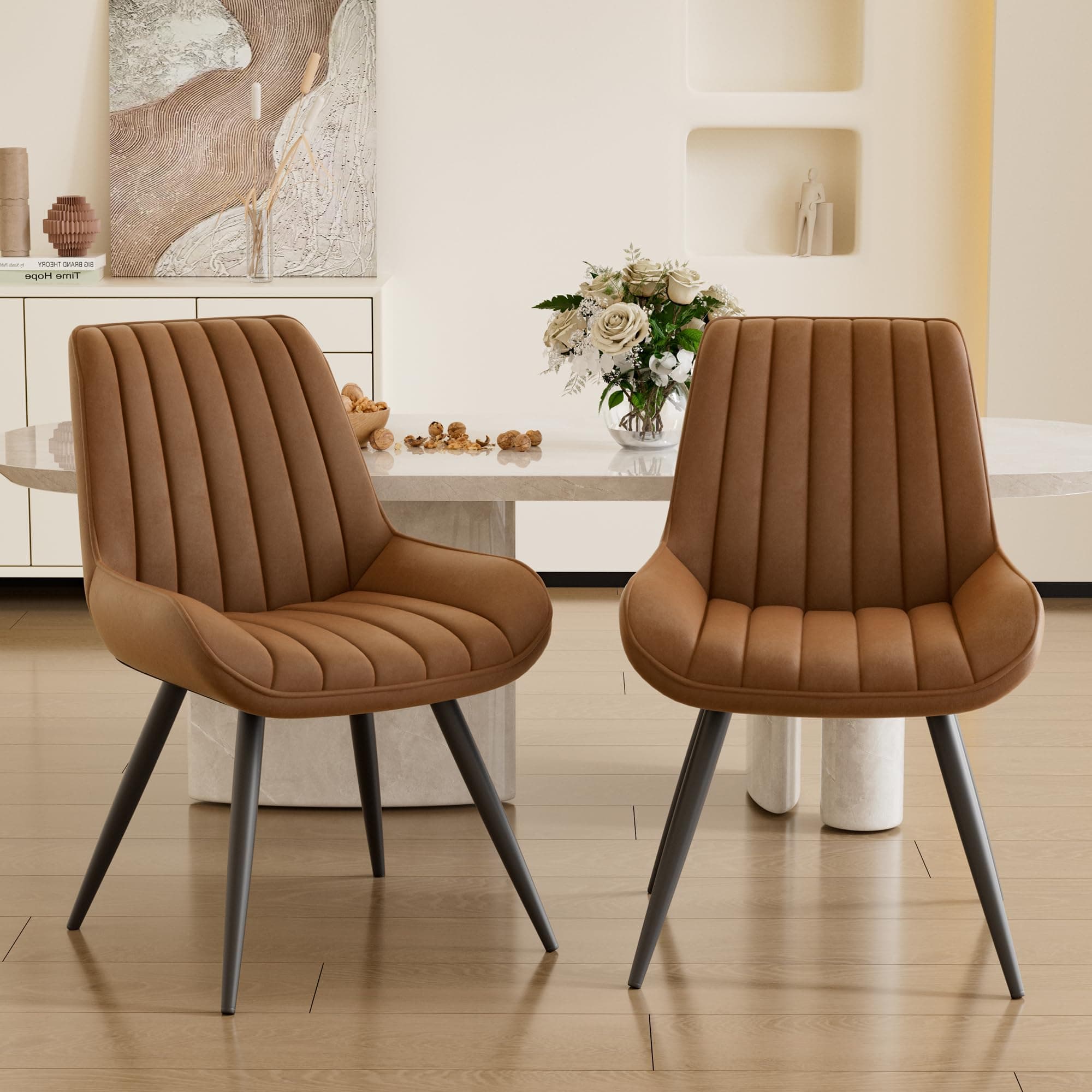 Dining Chairs Set of 2, Mid Century Modern Kitchen Chairs with Soft Cushion, Comfortable Upholstered Fabric Dining Room Chairs for Kitchen, Brown