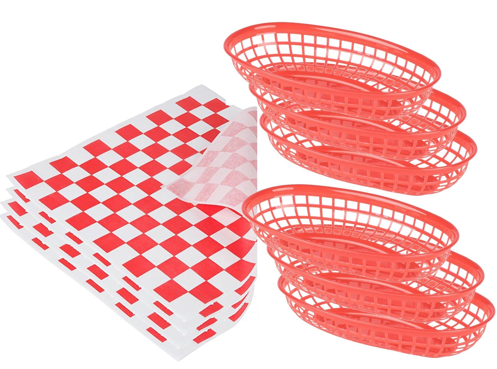 Diner Style Party pack, 12 Baskets + 100 Red & White Checkered Deli Liner Kit Premium Quality Appetizer picnic set