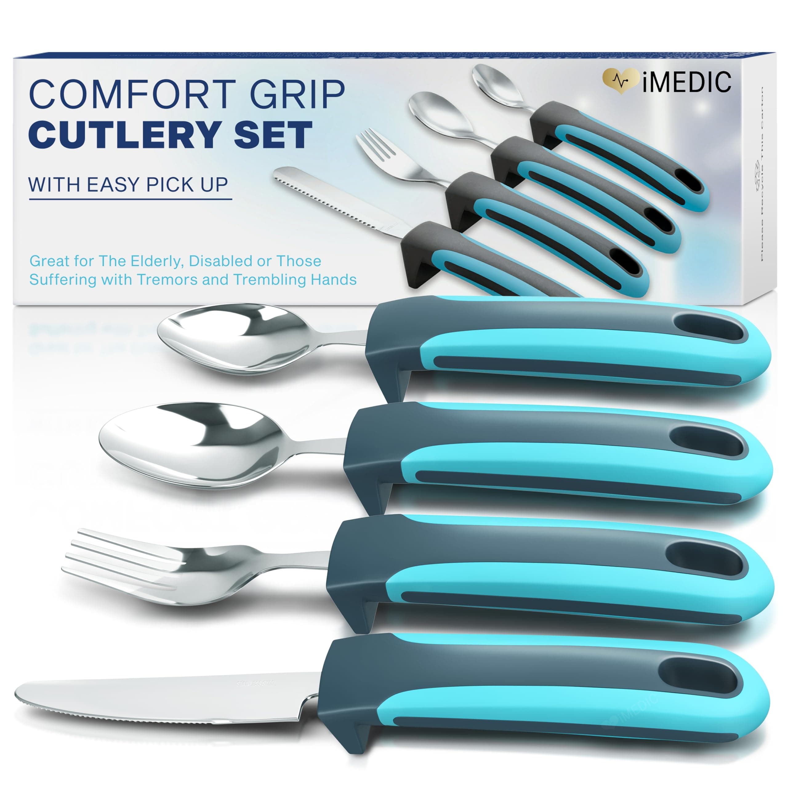 Easy Grip Cutlery for Arthritic Hands Blue/Grey (1 Pack) – Adaptive Utensils Designed to Support Disabled Adults – Weighted Tableware Set – Caring Aid for Tremors, Parkinson’s