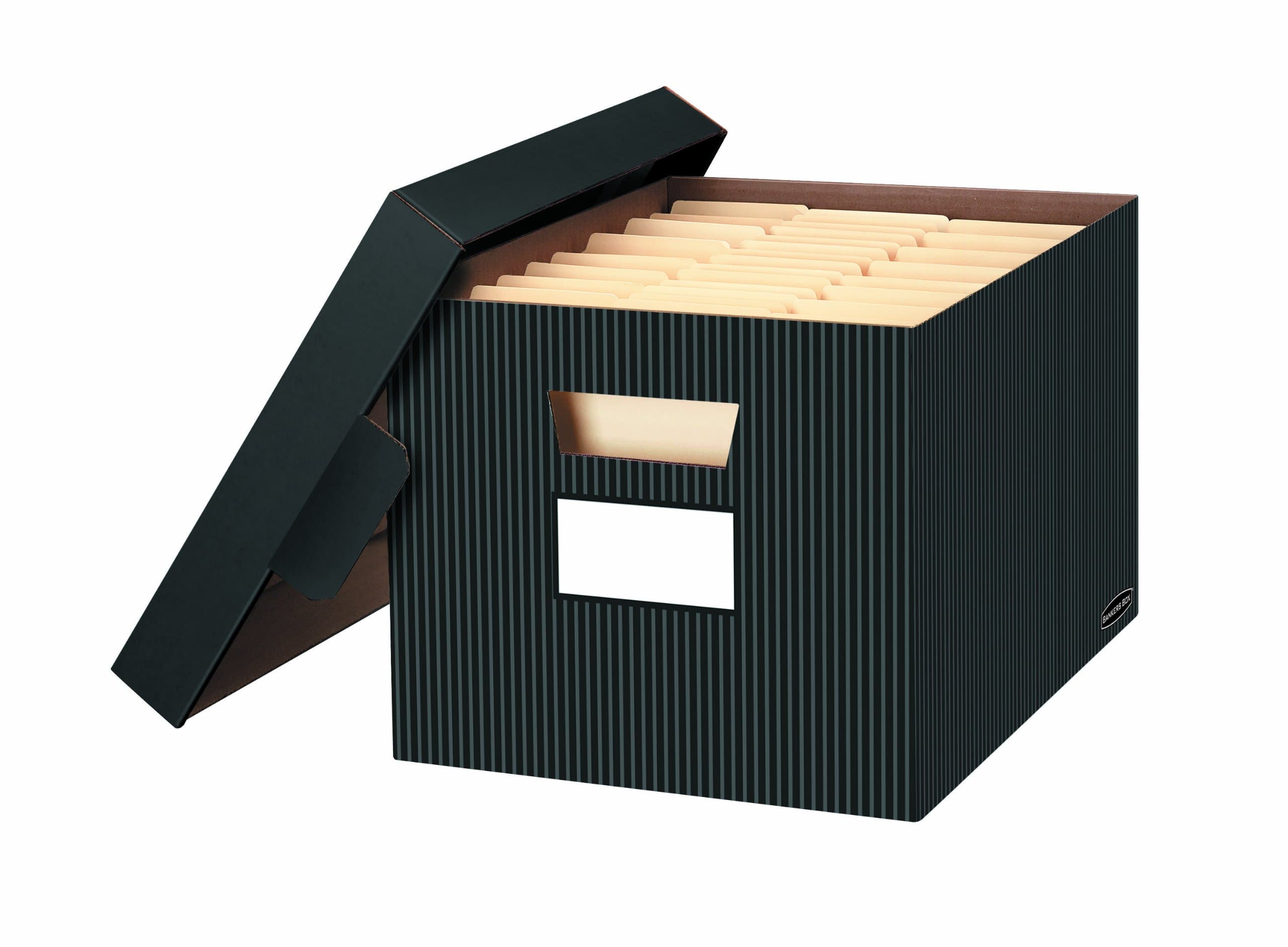 Bankers Box 4 Pack STOR/File Decorative Medium-Duty File Storage Boxes, FastFold, Lift-Off Lid, Letter/Legal, Black/Gray Pinstripe