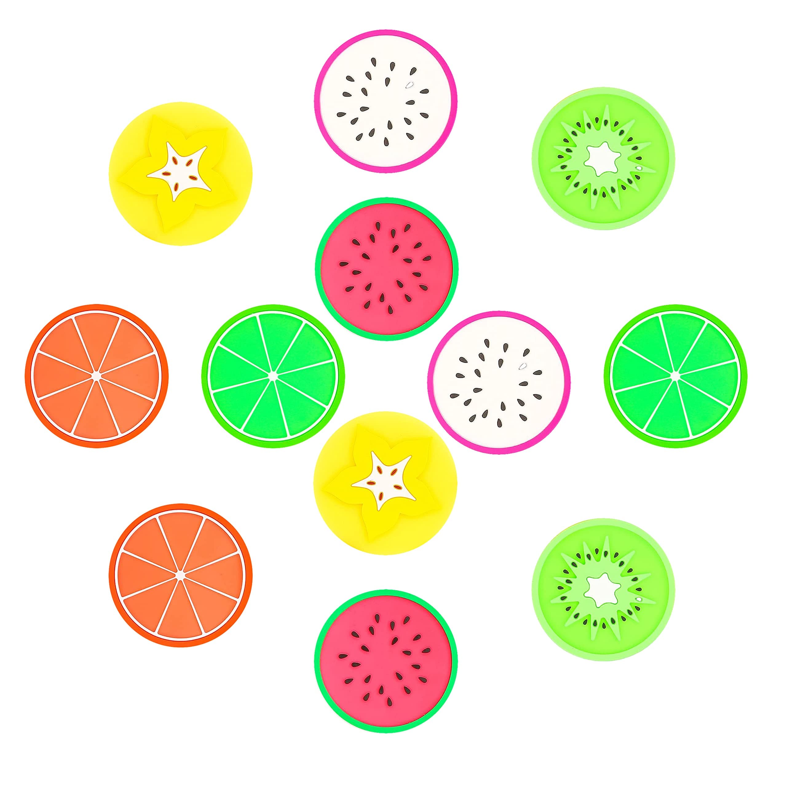 Fruit Coaster, Non Slip Silicone Heat Insulation Coasters, Colorful Cup Rubber Mat Funny Slice Silicone Coaster for Drink Prevent Furniture and Tabletop (Pack of 12)
