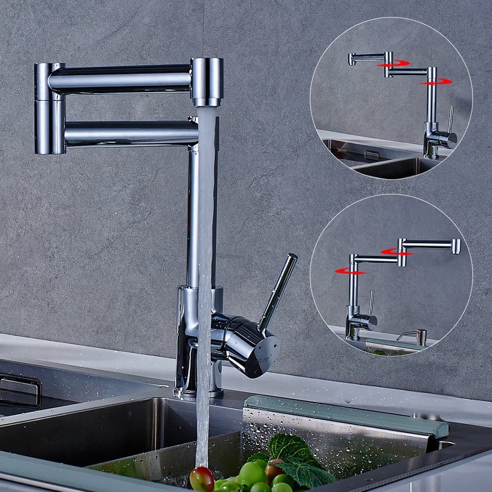 Obeeonr 360 degree rotation double Arms Single handle kitchen faucet tap hot and cold water mixer, single Hole 304 Stainless Steel Brushed Nickel Monobloc Kitchen Sink Taps [Energy Class A++]