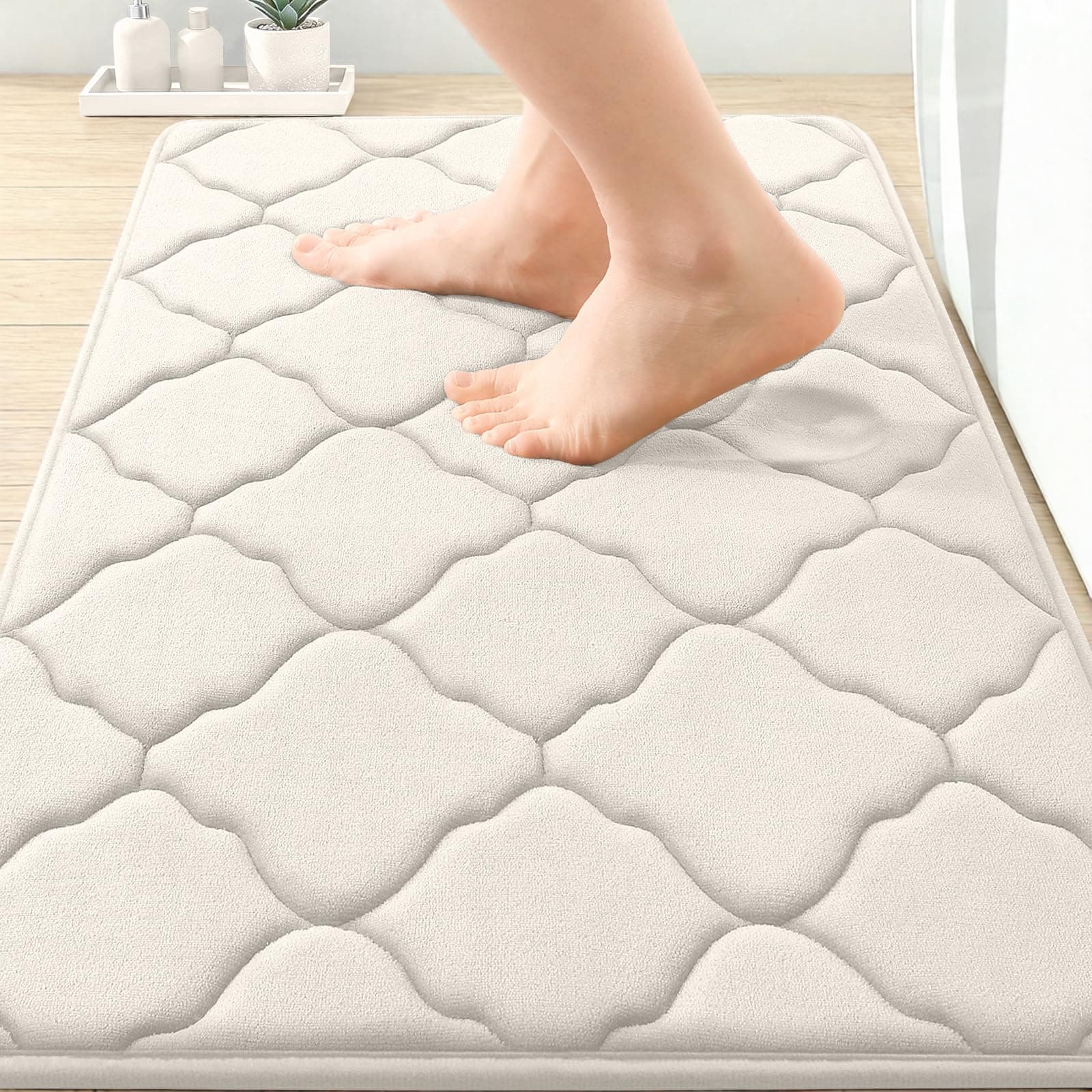 OLANLY Memory Foam Bath Mat Rug 30x20, Ultra Soft and Absorbent Bathroom Rugs, Non-Slip, Comfortable, Machine Washable Bath Carpet for Bathroom Floor, Tub, Shower and Home Decor Accessories, Ivory