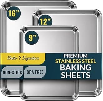 Baker’s Signature Stainless Steel Cookie Sheet Pan, Stainless Steel Baking Sheet Set of 3, Mirror Finish, Non-Stick, Rust Resistant, BPA Free, Dishwasher Safe, 9/12/16 Inch