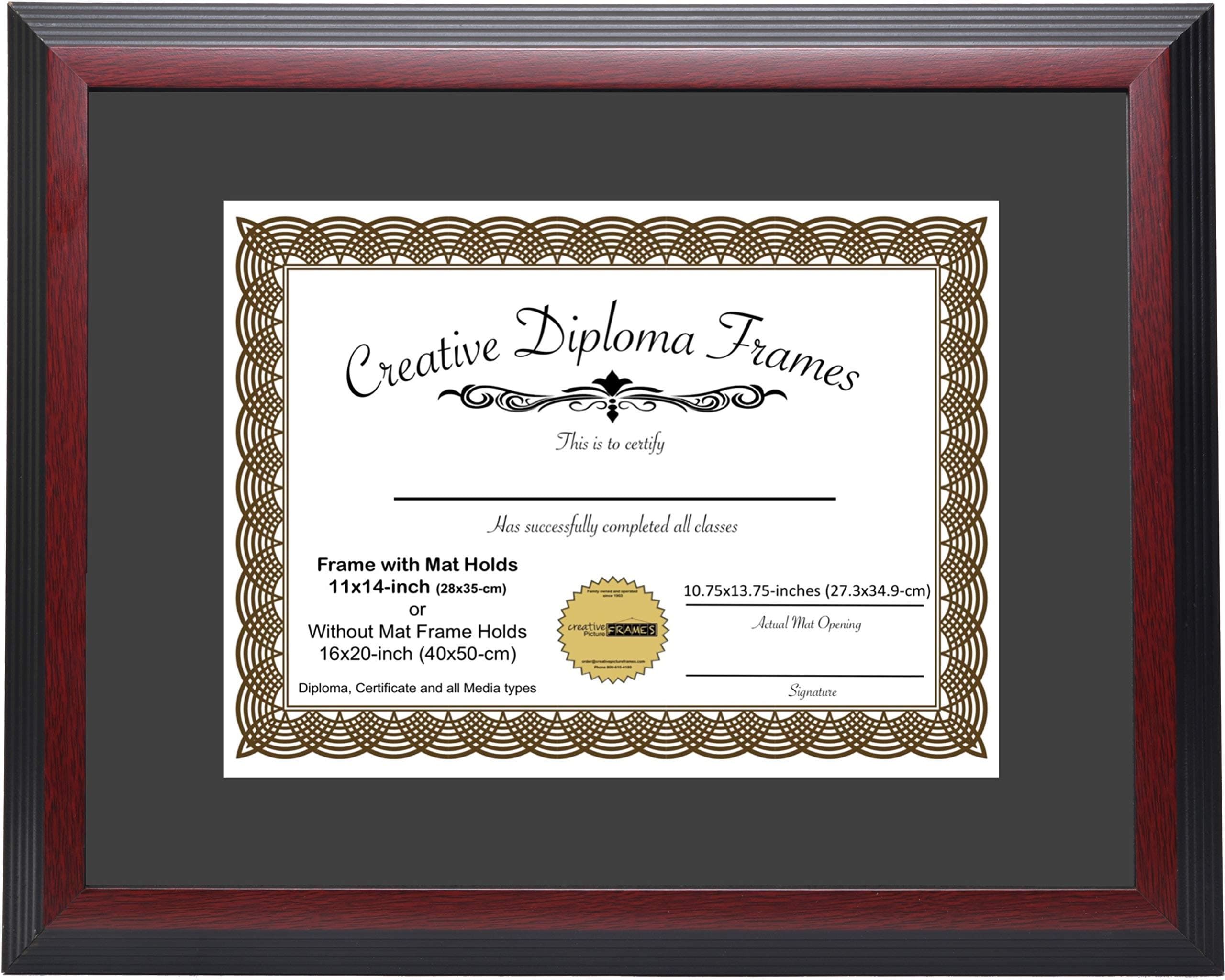 Creative Picture Frames 11x14 Mahogany Finish Diploma Frame with Black Matting Holds 11 by 14-inch Documents with Glass and installed Wall Hanger