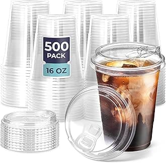 Fit Meal Prep [500 Pack] Disposable Strawless Plastic Cups with Lids - 16 Oz Clear and Sippy Lids, Perfect Eco-Friendly To Go for Iced Coffee, Smoothies, Soda Party Drinks Cafe Essentials