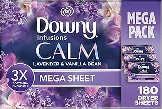 Infusions Mega Dryer Sheets, Laundry Fabric Softener, CALM, Lavender and Vanilla Bean, 180 Count