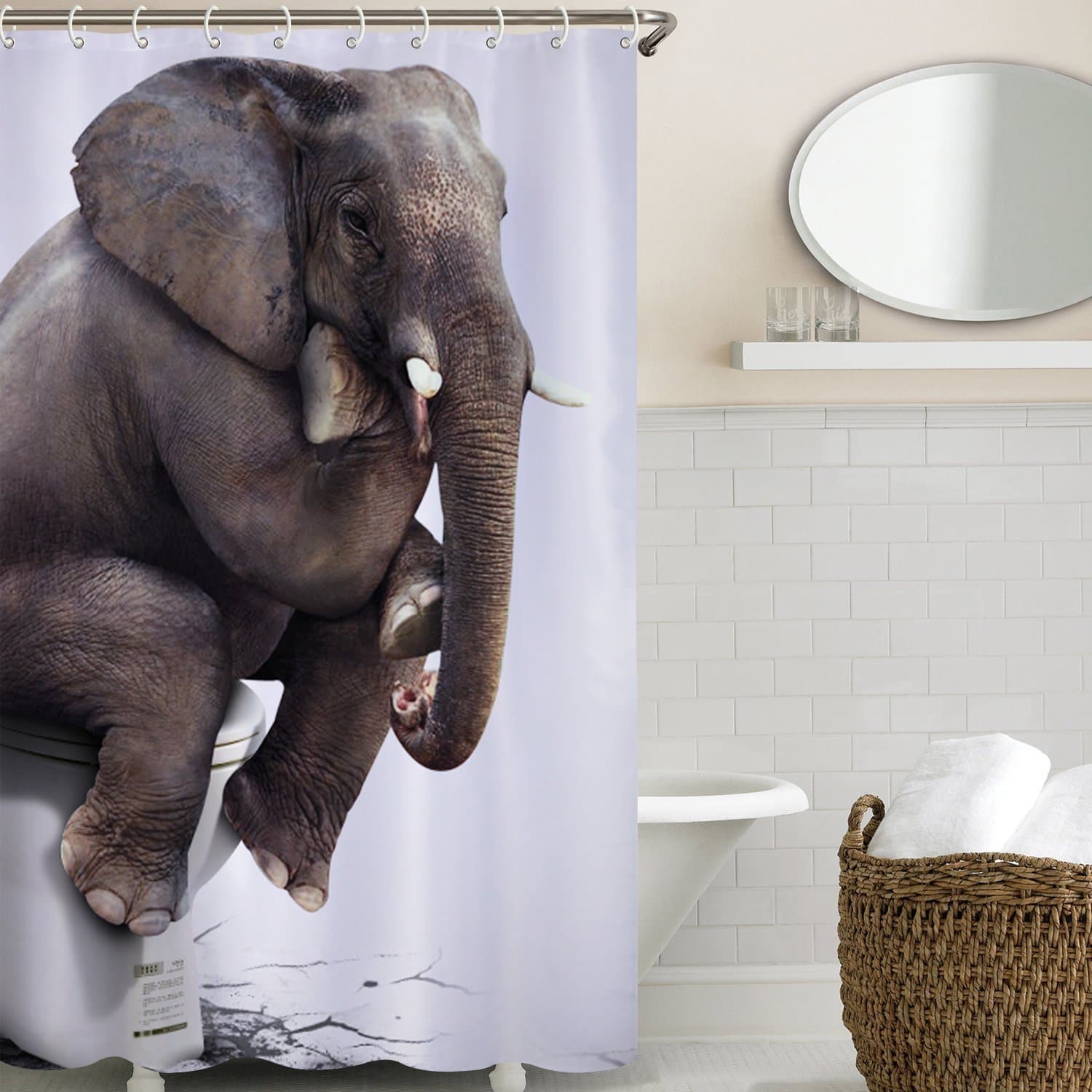 Waterproof Mouldproof Opacity Bath Shower Curtain with 12 Hooks-Elephant Digital Print Pattern(180X180CM)