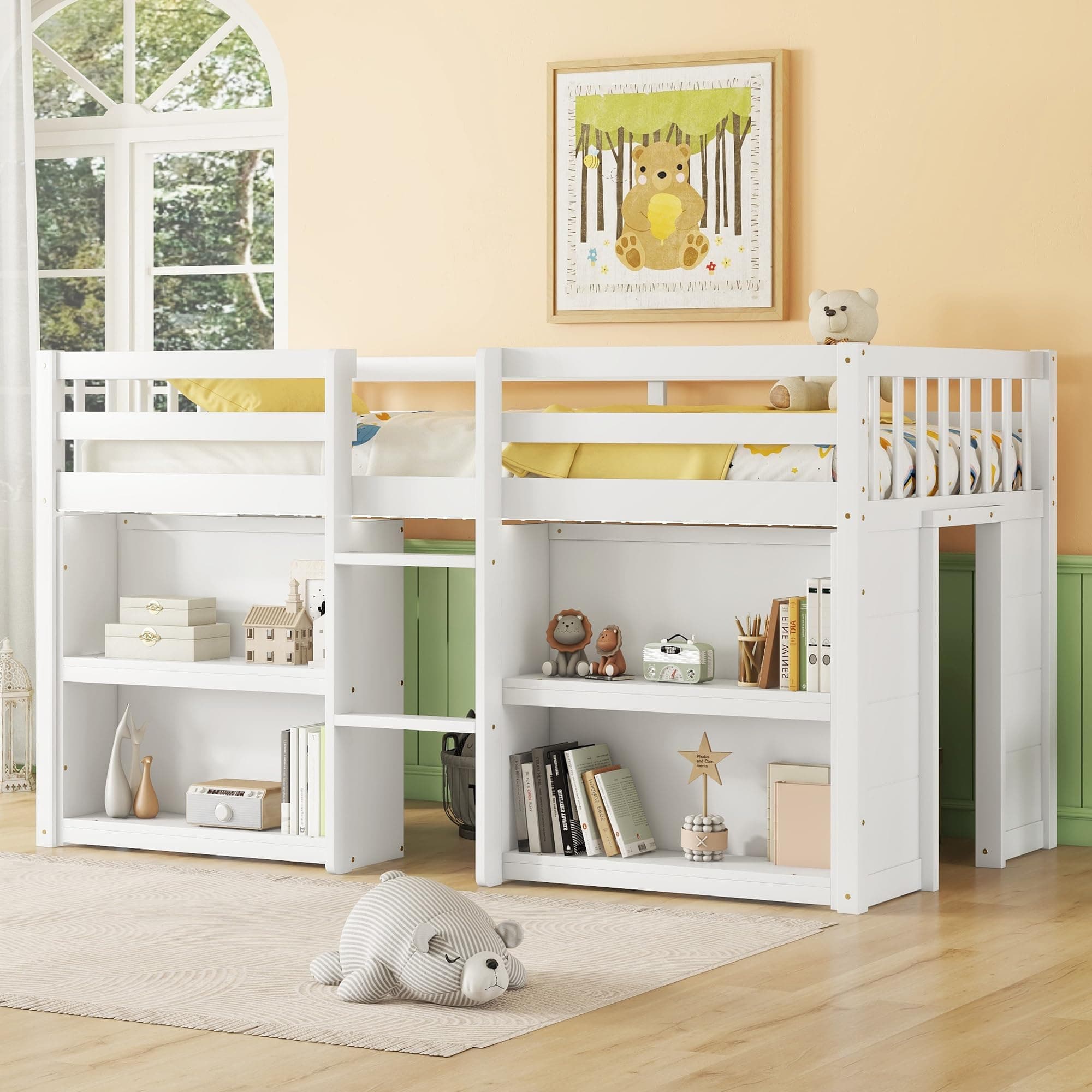 Bellemave LED Twin Size Low Loft Bed for Kids,Twin Loft Bed with Storage Shelves,Kids Low Loft Bed Frame with LED Light,Space Saving, White