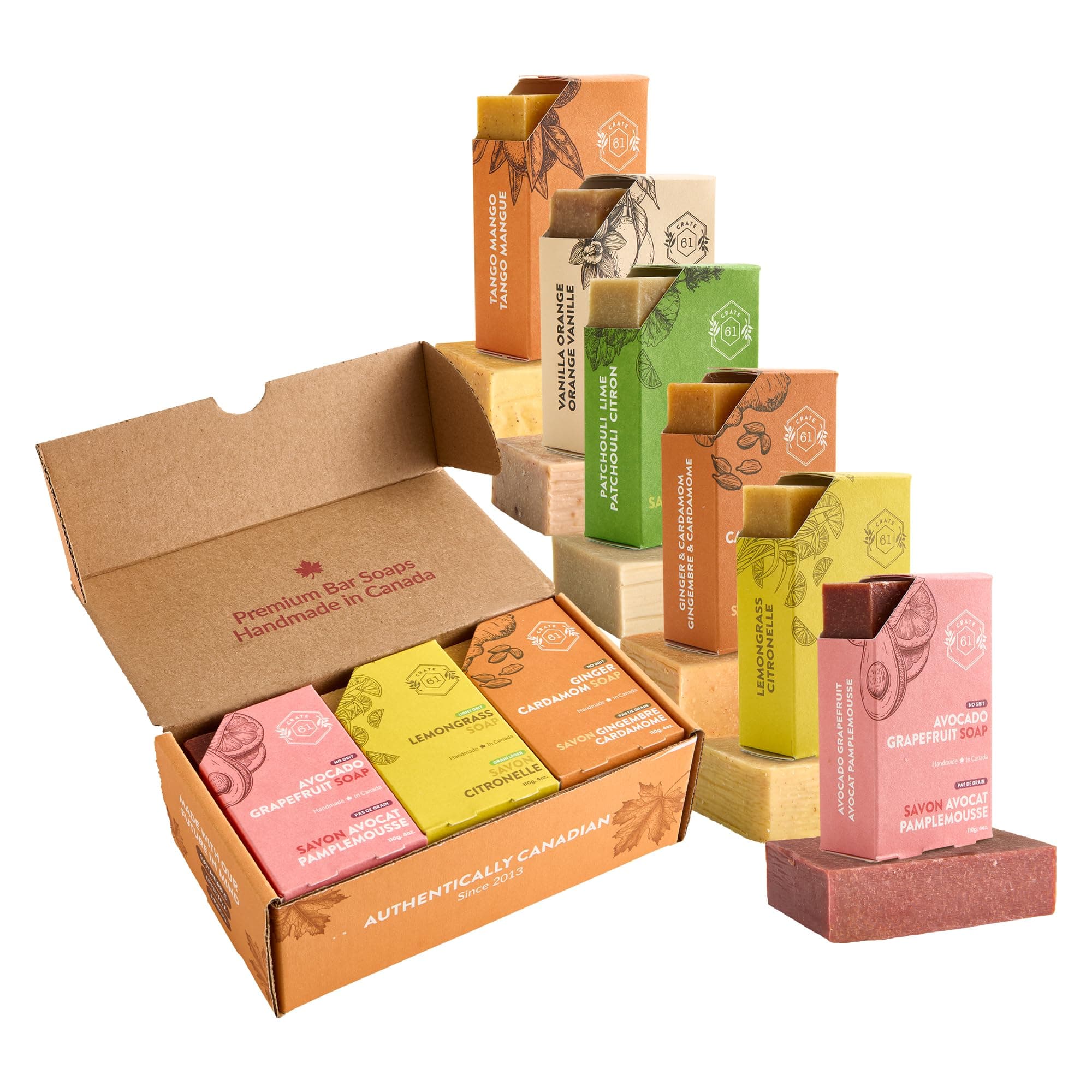 Crate 61 Organics Citrus Soap 6-Pack Box Set, 100% Vegan Cold Process Bar Soap, scented with premium essential oils and natural flavors, for men and women, face and body.