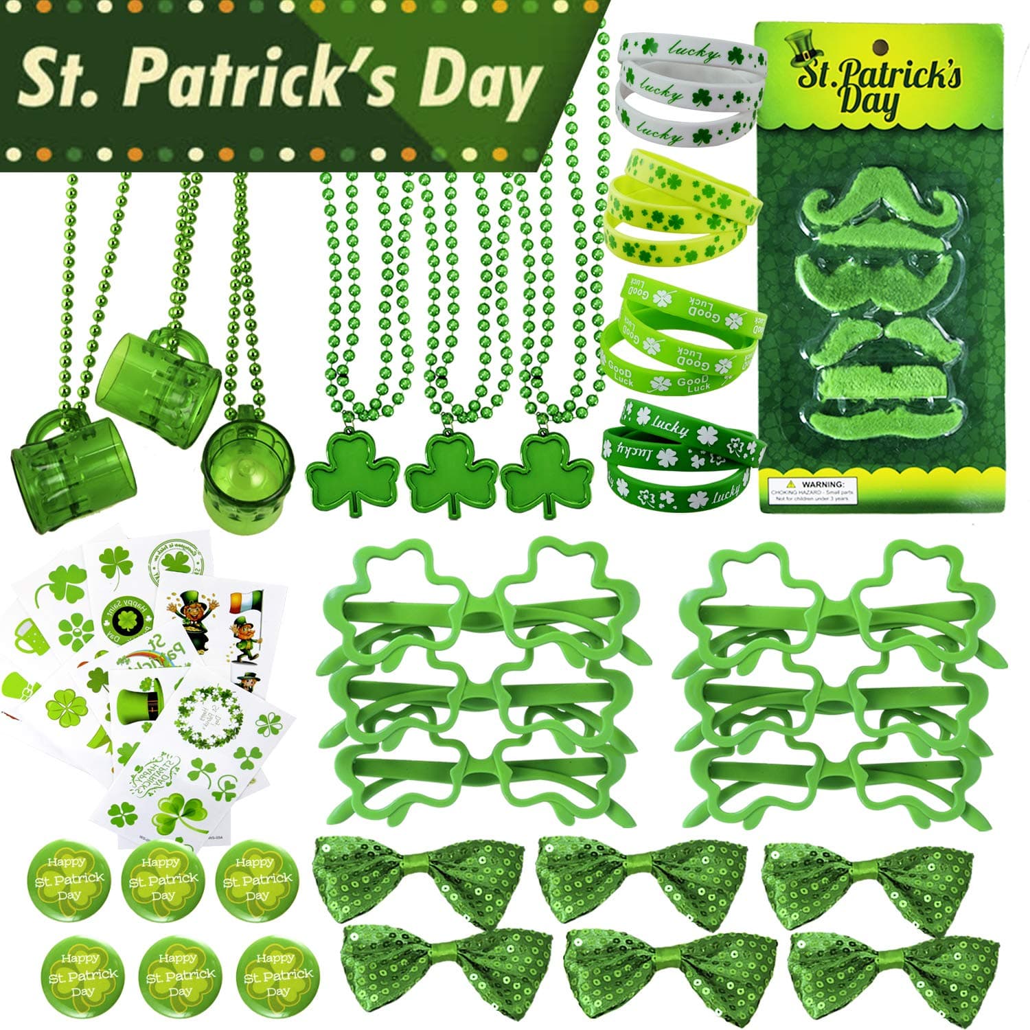 MITCIEN 47 Pcs St. Patrick's Day Accessories Decorations Saint Patricks Party Favors with St Patricks Green Beads Necklaces, Shamrock Glasses, Bow Tie, Mustaches, Tattoos, Medal and Rubber Bracelets