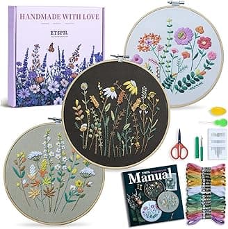 ETSPIL 3 Pack Beginner Embroidery Kits for Adults, DIY Starter Set with Stamped Flower Designs, Embroidery Hoop, Colorful Threads, Tools, Step-by-Step Instructions & Video Tutorial
