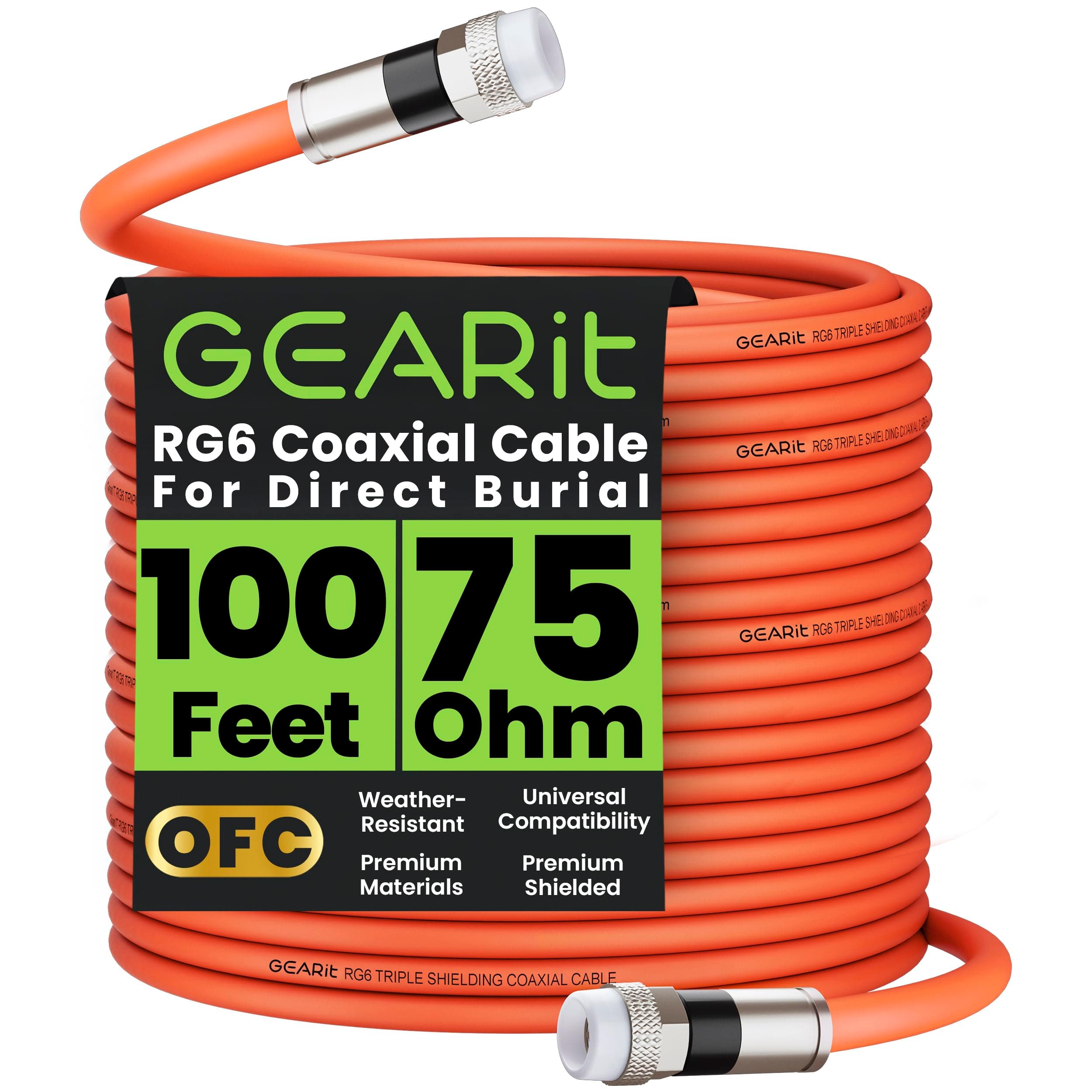 Coaxial Cable for Direct Burial (100ft) RG6 70 Ohm RF Waterproof Underground in-Wall with Rubber Boot, High-Speed Internet, Broadband, Digital TV Aerial, Satellite 100 Feet