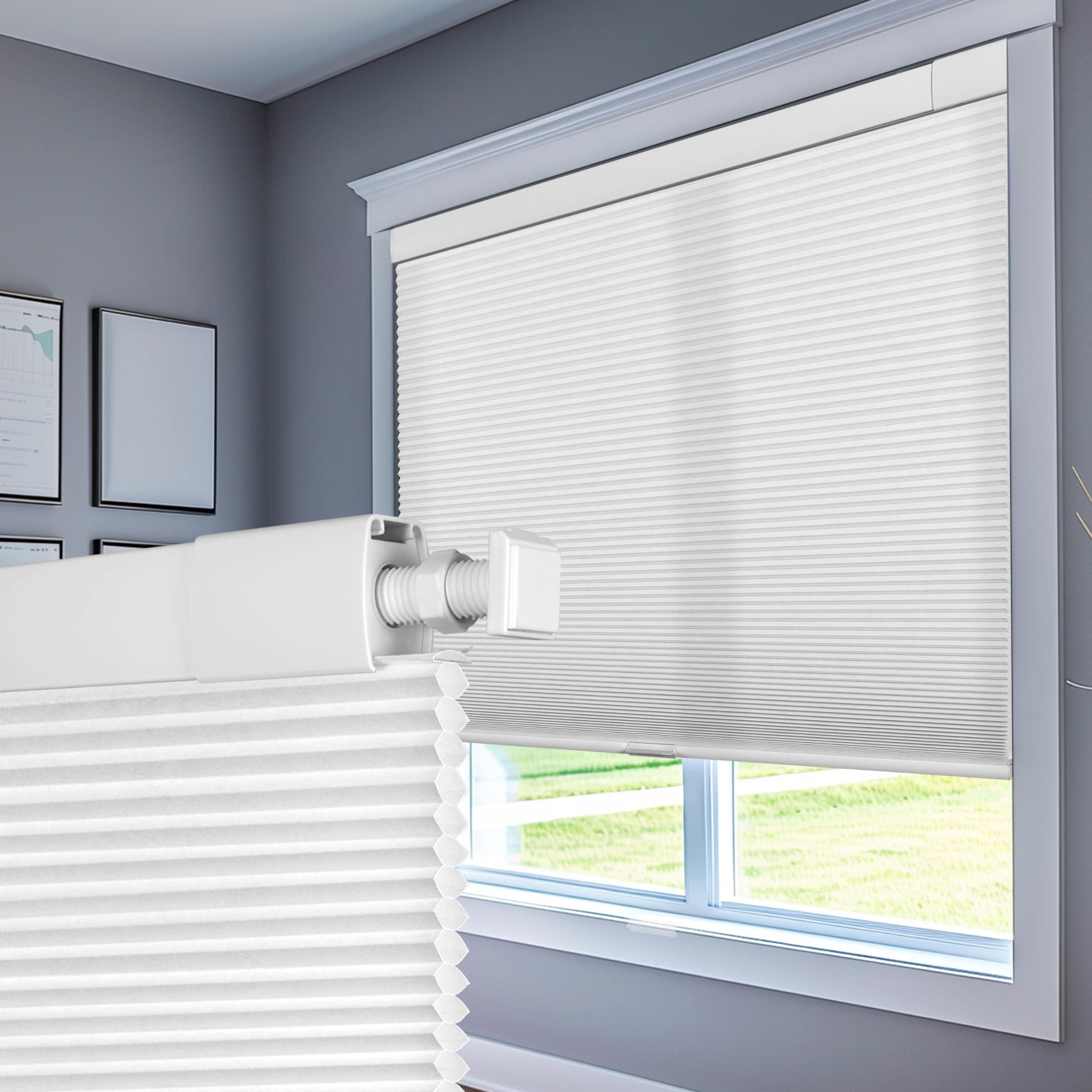 Boolegon No Drill Blinds for Windows Half Blackout Cellular Shades Cordless No Tools Honeycomb Pull Down Easy Install Cellular Blinds for Door, Home, White, 44.5" W x 72" H