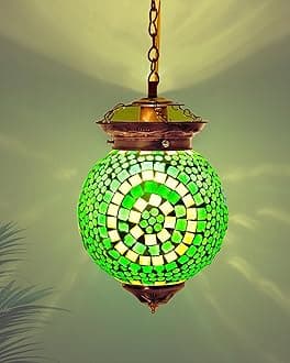 Homesake® Antique Turkish Moroccan Mosaic Pendant with Metal hangings, Ceiling Light, for Home Decoration (Green, Turkish)