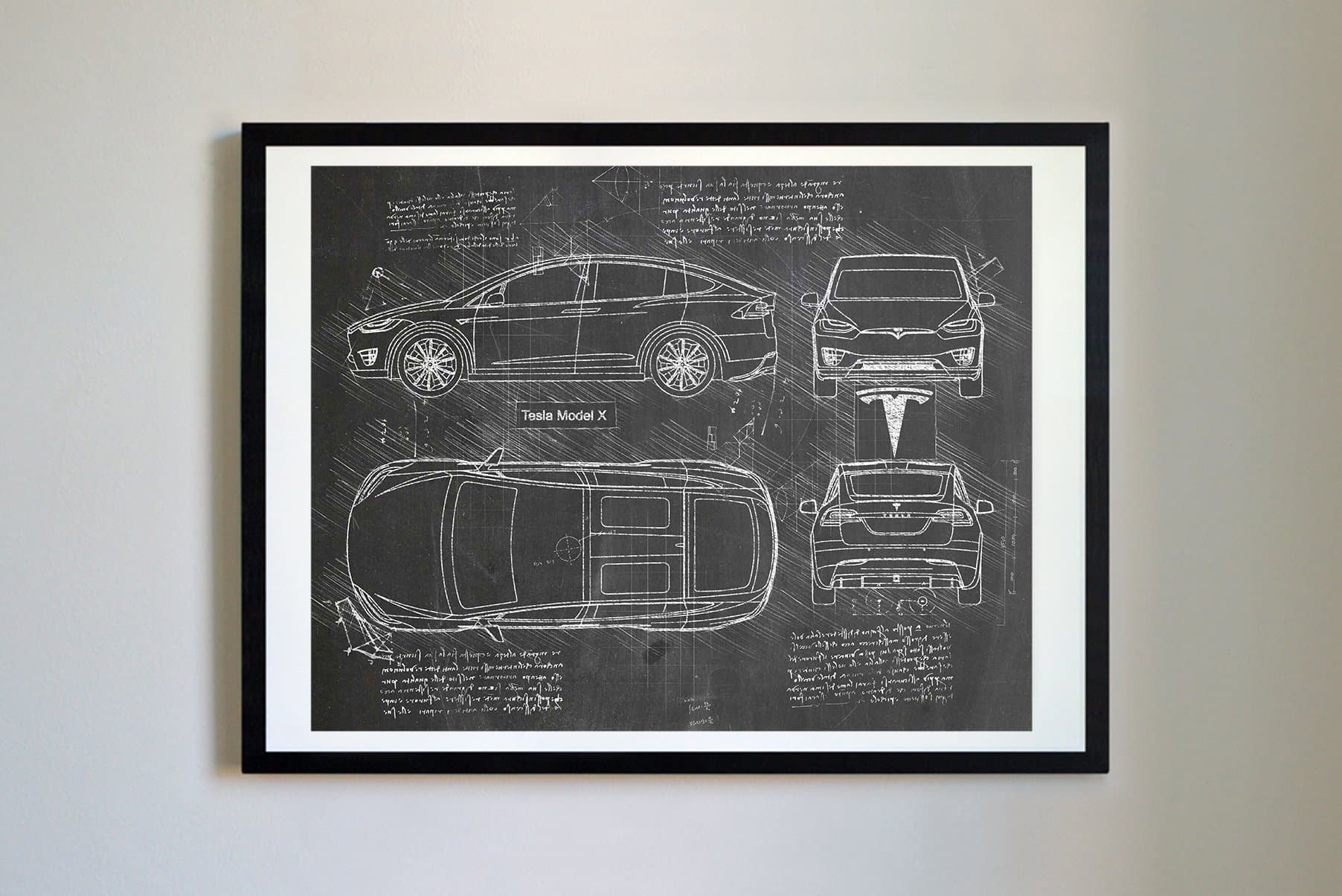 DolanPaperCo #261 Tesla Model X 2016 Art Print, da Vinci Sketch – Unframed – Multiple Size/Color Options (16x20, Blackboard)