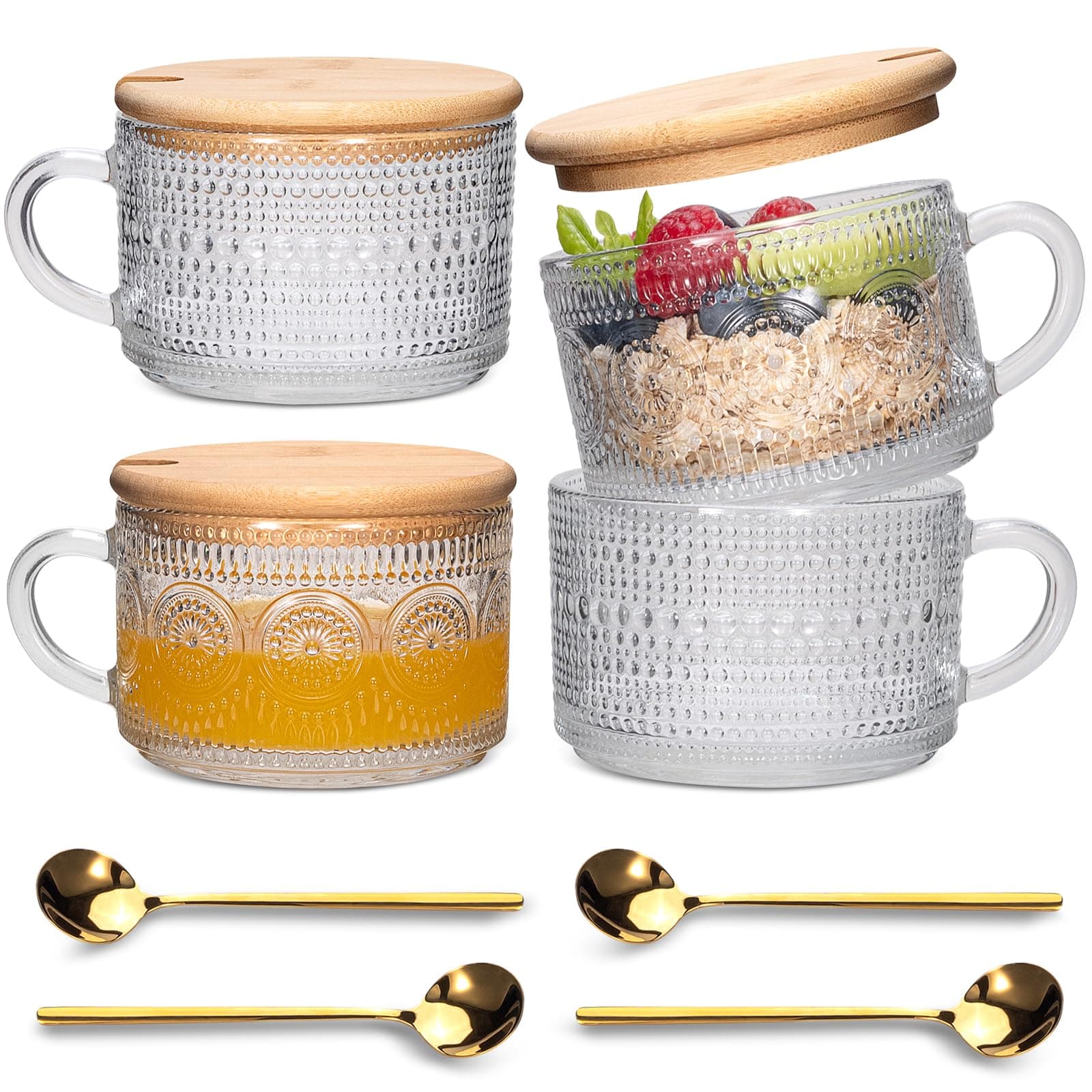 Vintage Coffee Tea Cups [4 Pack], 14 oz Glass Tea Coffee Mugs, Clear Embossed Glass Cups for Cappuccino, Latte,Cereal, Yogurt, Beverage (2 sunflower + 2 raindrop)