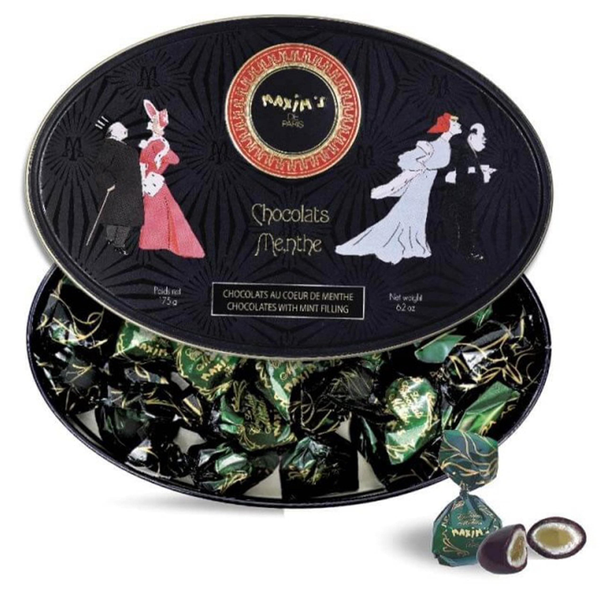 Chocolate Covered Mint Candies in a Luxurious Oval Tin Box Black and Gold, Belle Epoque Design, 175 g