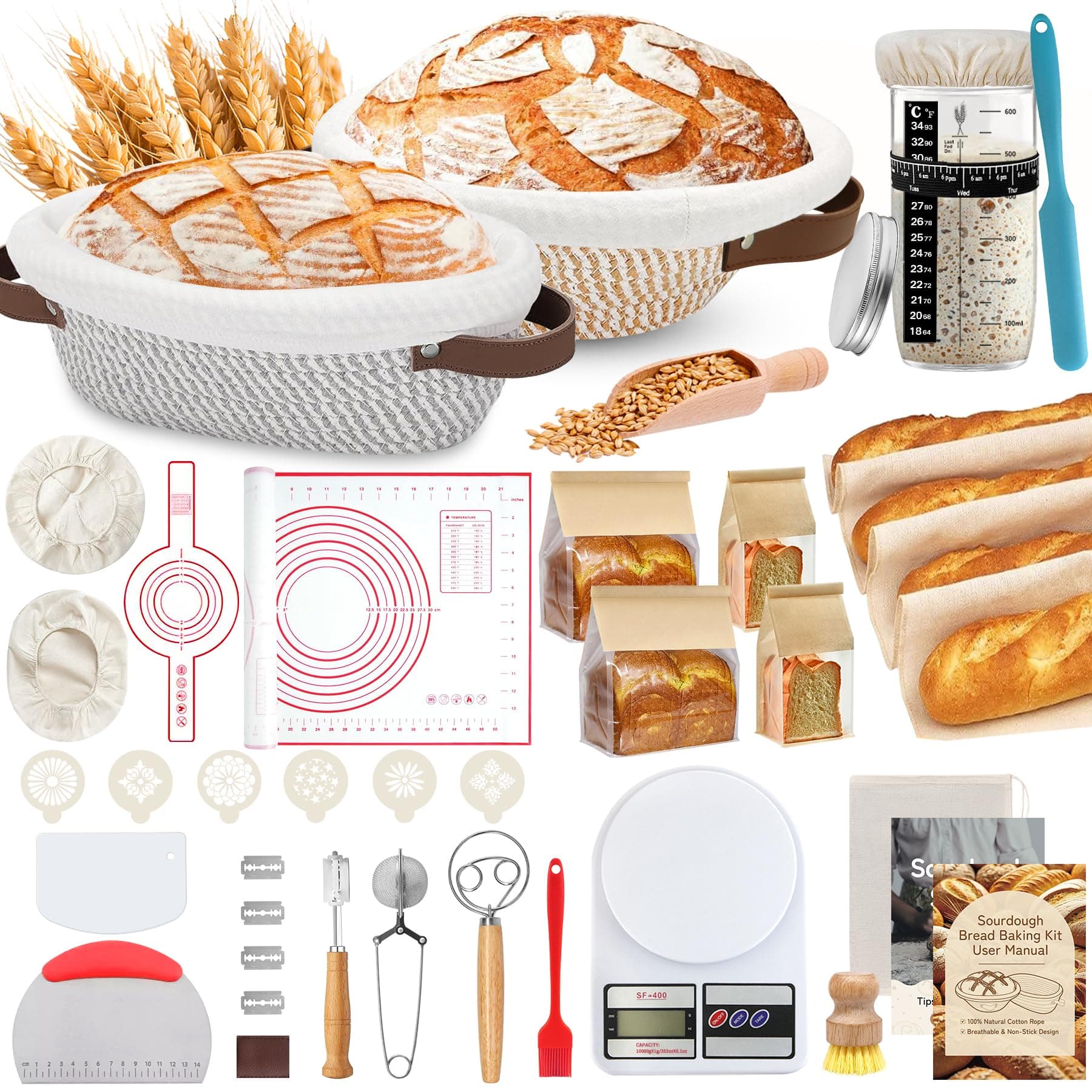 38 Pcs Sourdough Starter Kit, Cotton Rope Banneton Bread Proofing Basket with Sourdough Starter Jars,10 Inch Round & Oval Proofing Basket with Liners & Covers for Artisan Bread Baking