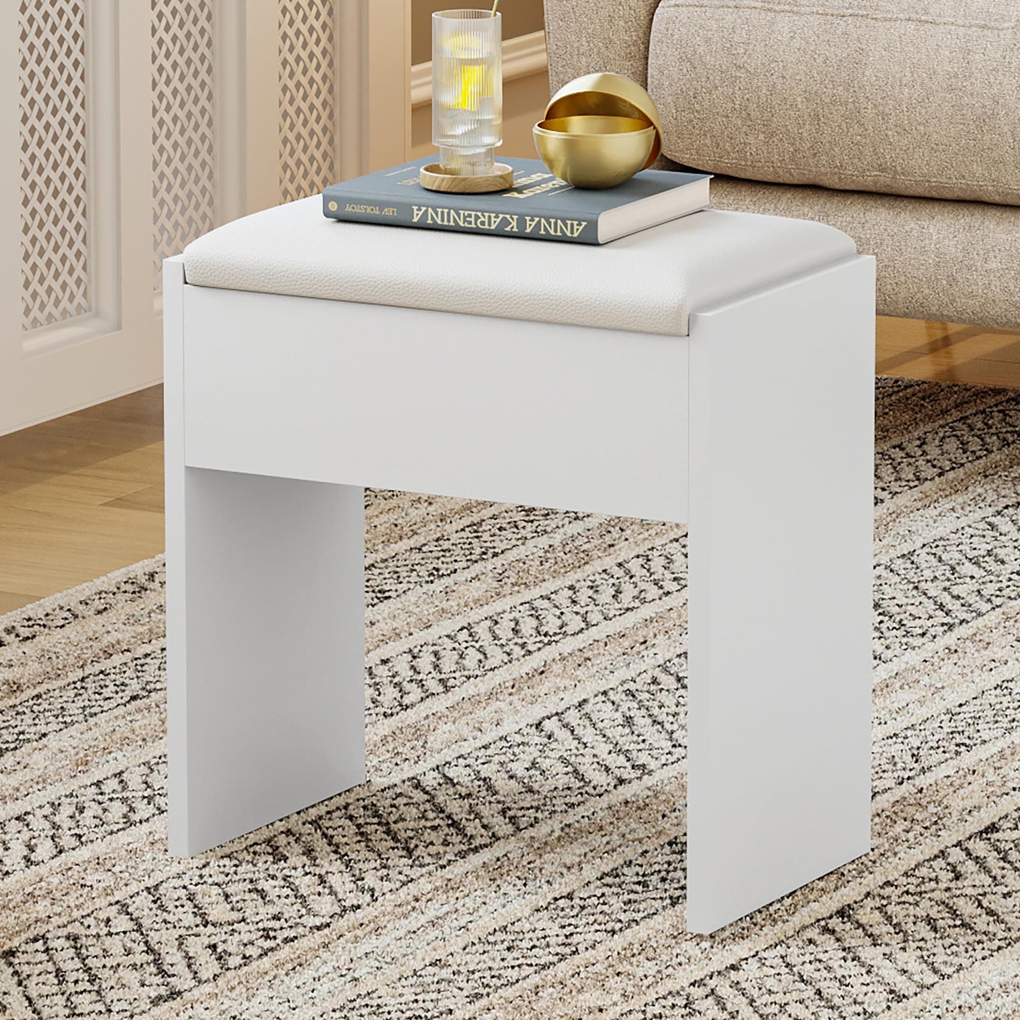 Dressing Table Stool, Padded Bench Wooden Vanity Chair Piano Stool White, 40x43x23.5cm