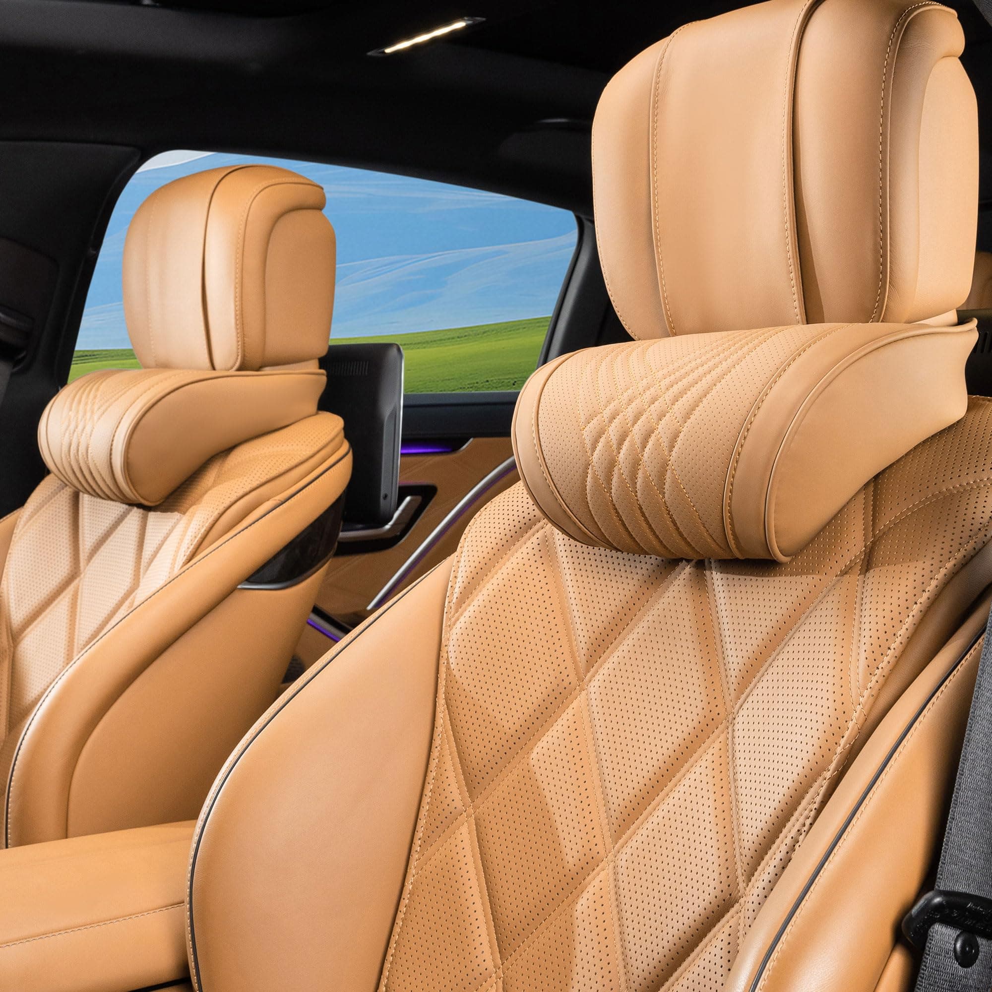 Car Headrest Memory Foam Neck Pillow for Driving with Leather Cover Soft Comfortable Seat Head Pillow Cushion for Most Cars SUV Sedan Home Office Palomino Brown (2PC)