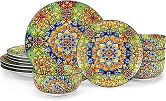vancasso 12 Pieces Dinnerware Sets, Green Plates and Bowls Set, Porcelain Dishes Set for 4, Microwave and Dishwasher Safe, Scratch Resistant, Bohemian Style Dining Ware Service for 4, Series SIMI