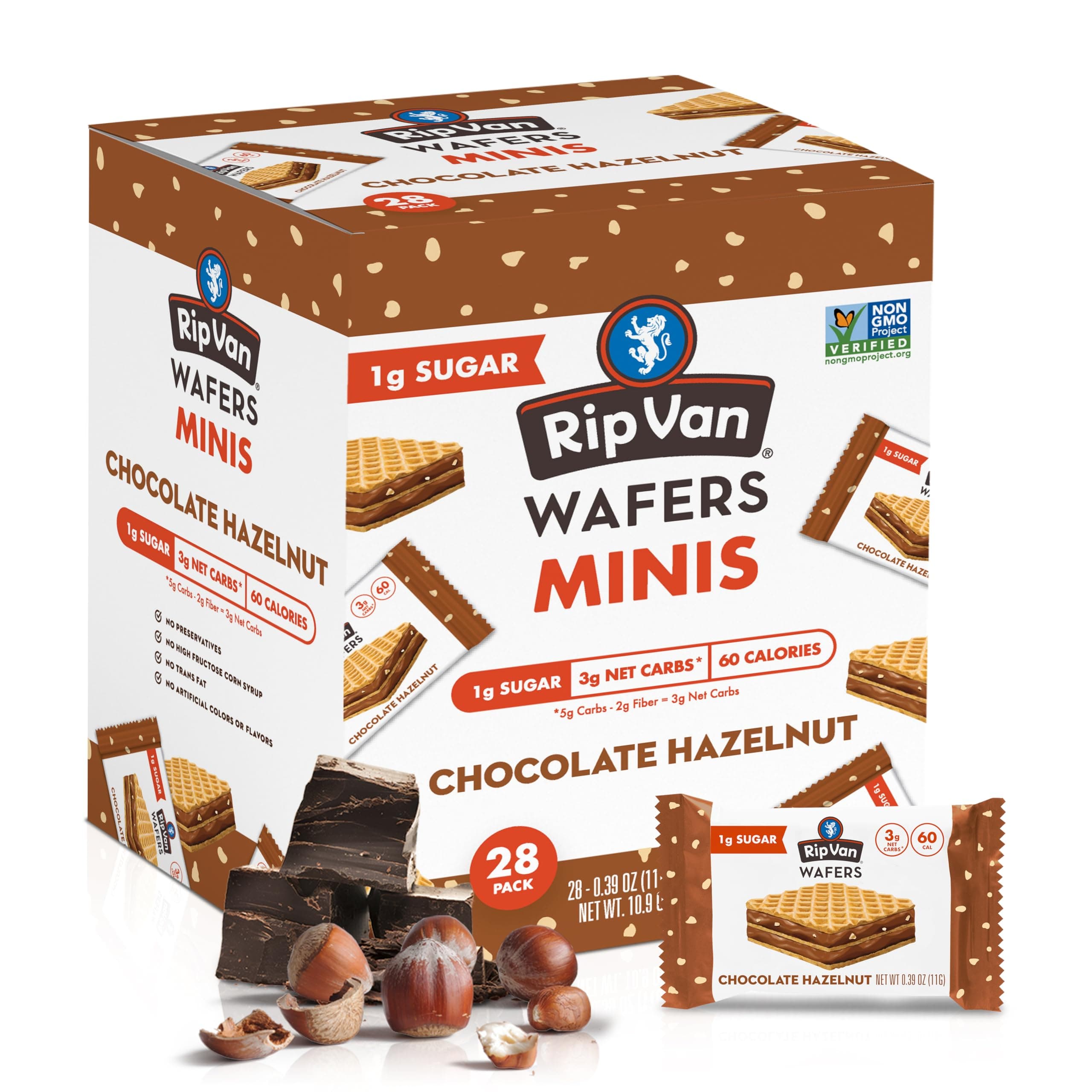 Rip Van Chocolate Hazelnut Mini Wafer Cookies - Healthy Snacks - Mini Keto Cookies - Keto Snacks - Low Carb, Low Sugar (1g), Low Calorie and Vegan Snack - 28 Count