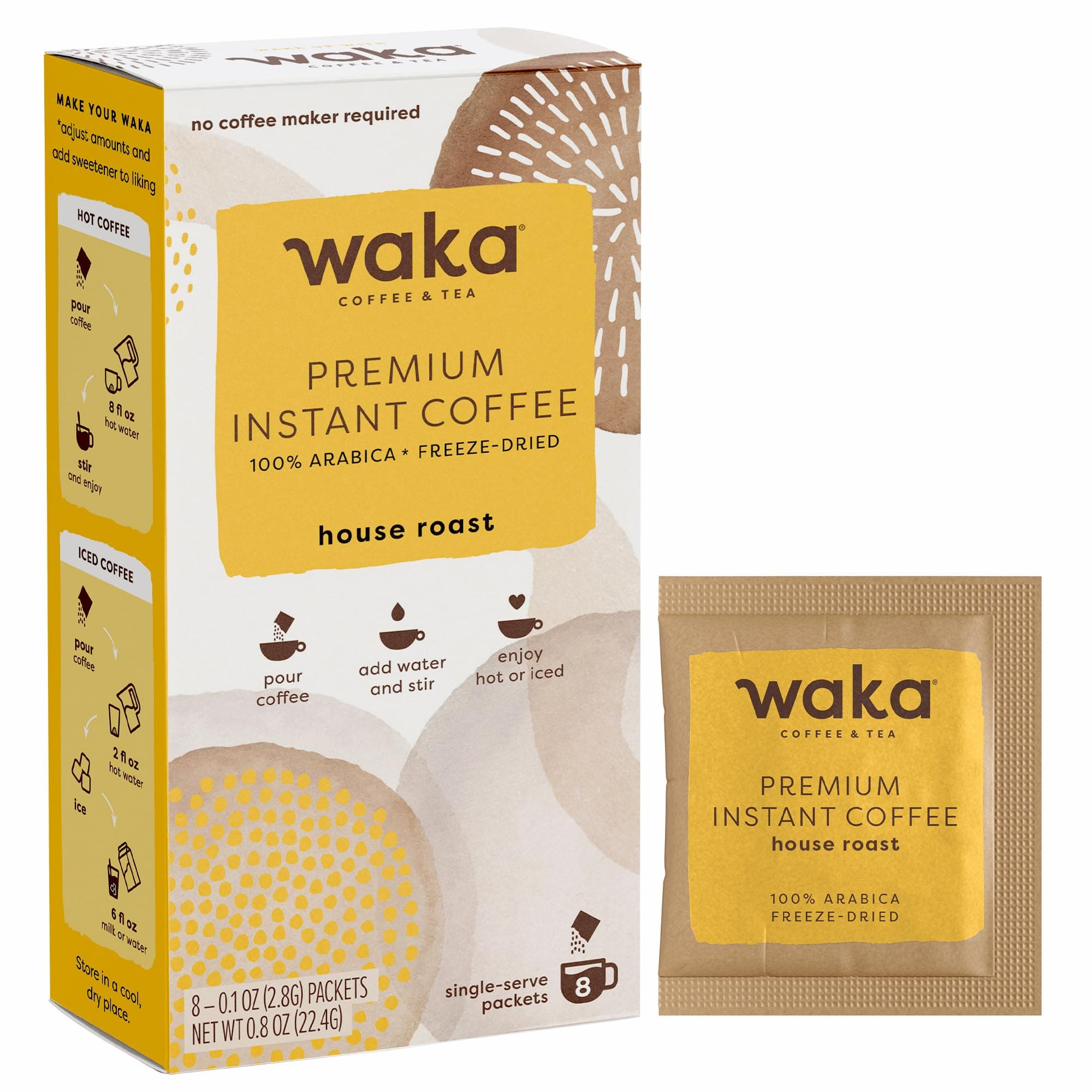 Waka Premium Instant Coffee Sachets — 100% Arabica Freeze Dried Beans — For Hot or Iced Coffee (8 Count, House Roast)