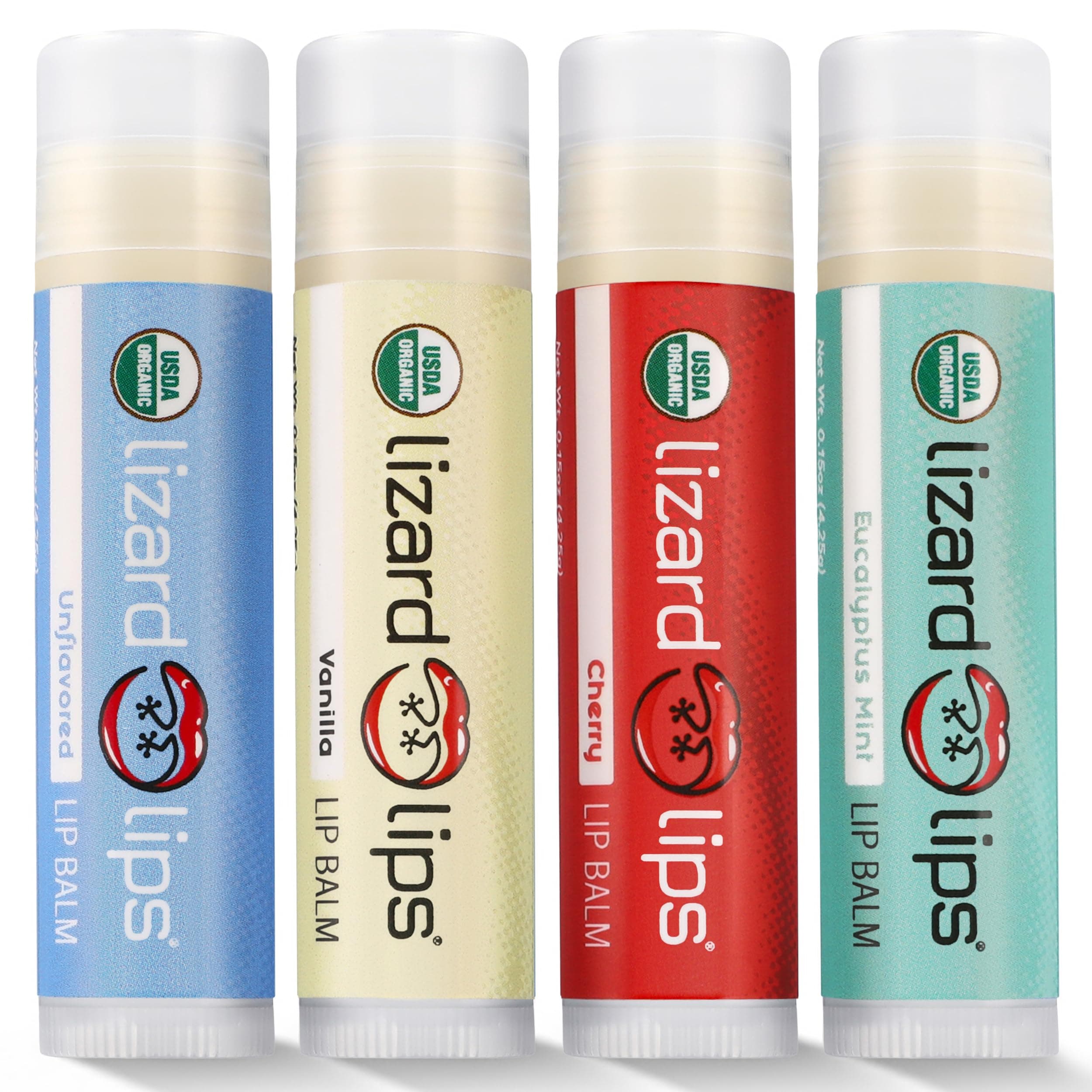 LizardLips Natural Lip Balm Set of 4; USDA Certification Lip Moisturizer; Unflavored, Vanilla, Cherry, Eucalyptus Mint; Travel-Friendly Everyday Care; Fun Quirky Beach Vacation Essentials