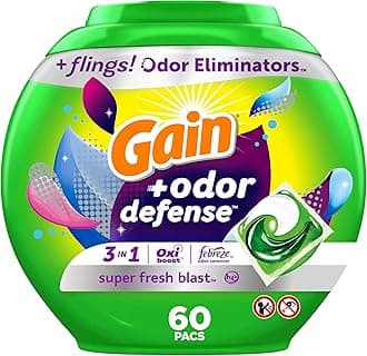 Gain Flings Laundry Detergent Pacs with Odor Defense 60 Ct Super Fresh HE 3in1 Detergent Pacs with Febreze and Oxi
