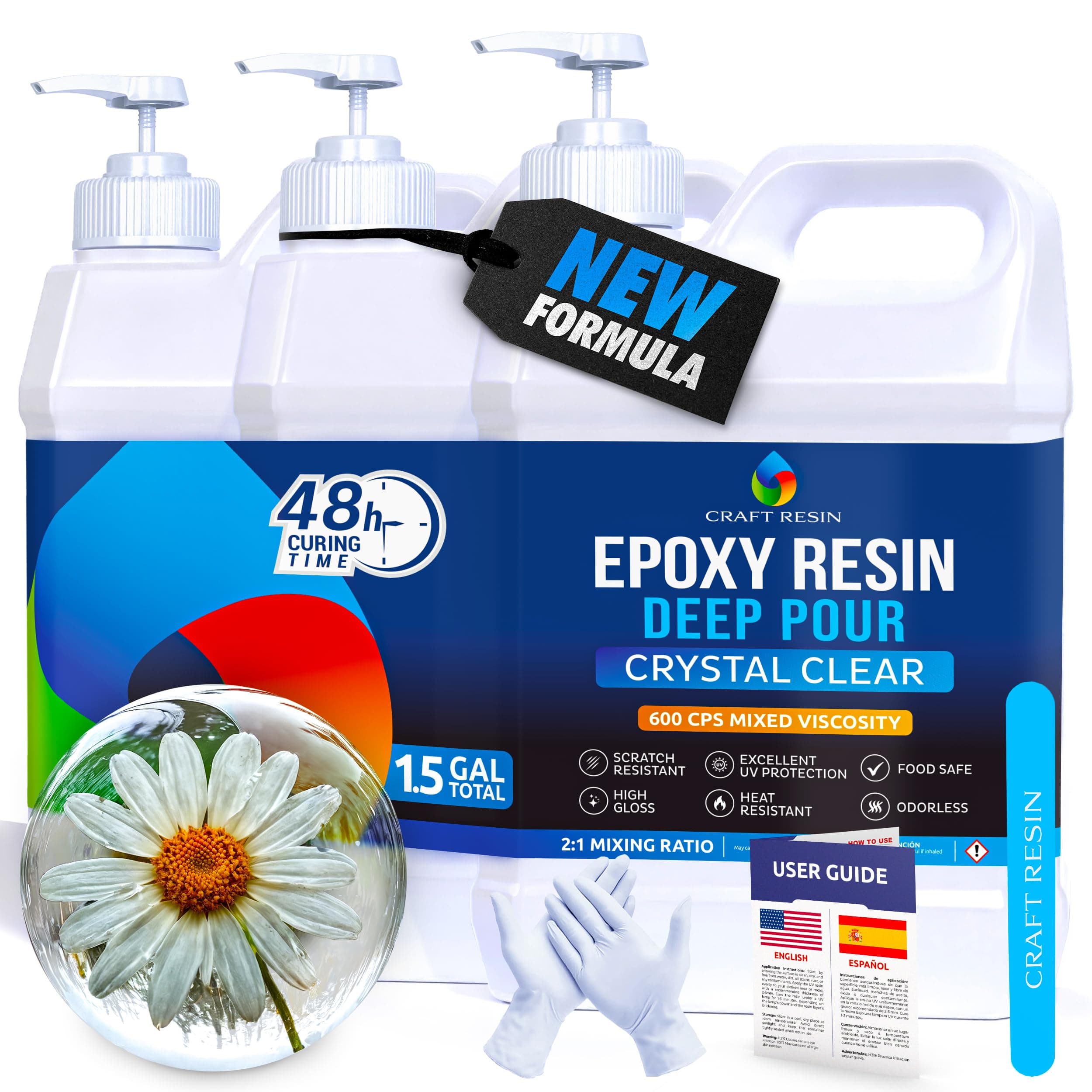 CRAFT RESIN Deep Pour Epoxy Resin Kit 1.5 Gallon – for 2” Pours, Casting Resin Epoxy for River Tables, Wood, Flower Preservation & DIY Crafts – Crystal Clear & Bubble Free, UV Resistant & Food Safe
