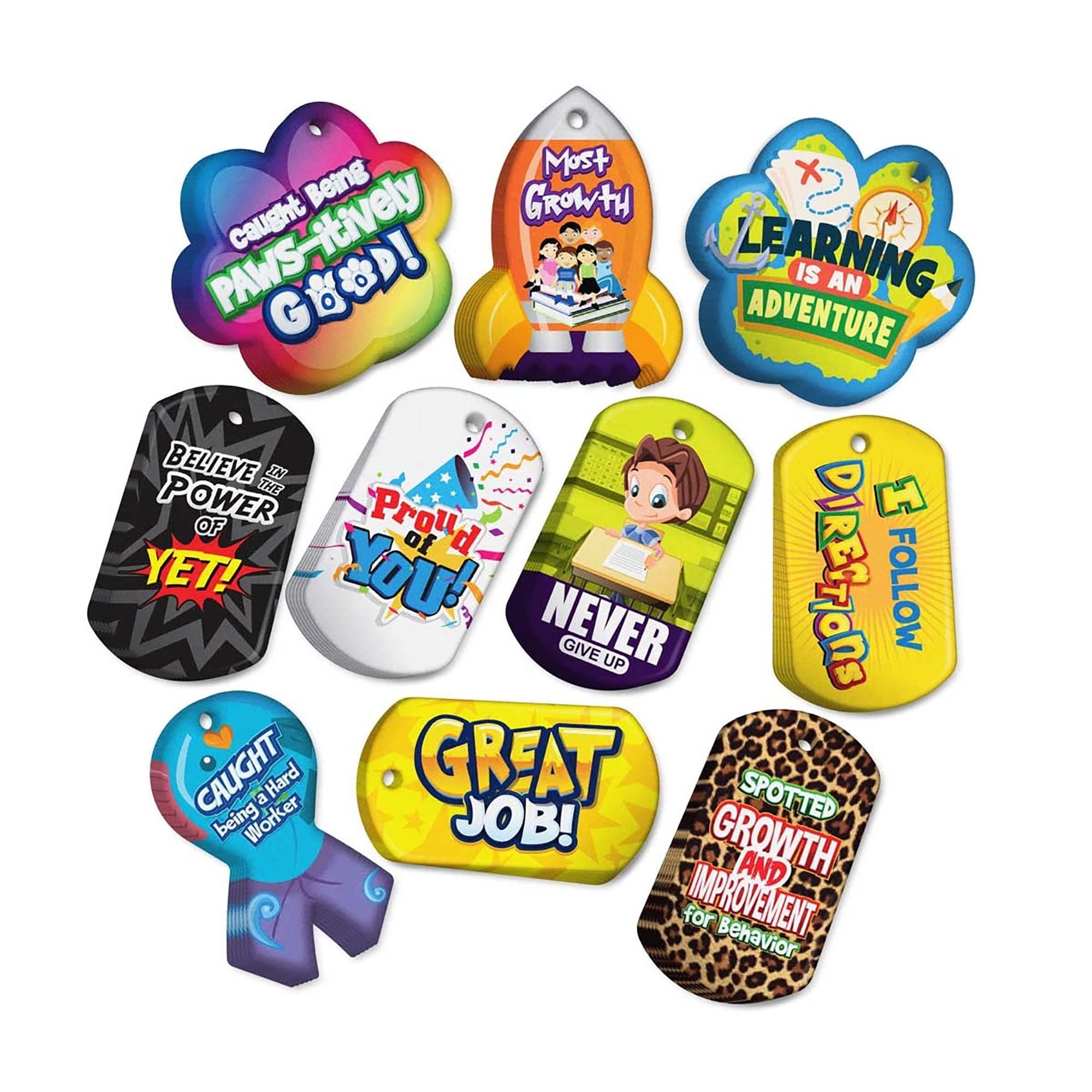 Promote & Reward Positive Student Behavior Brag Tag Value Pack: 100 Tags (10 Tags for Each Shape) + 25 USA-Made 24" Hypoallergenic Aluminum Safety Chains
