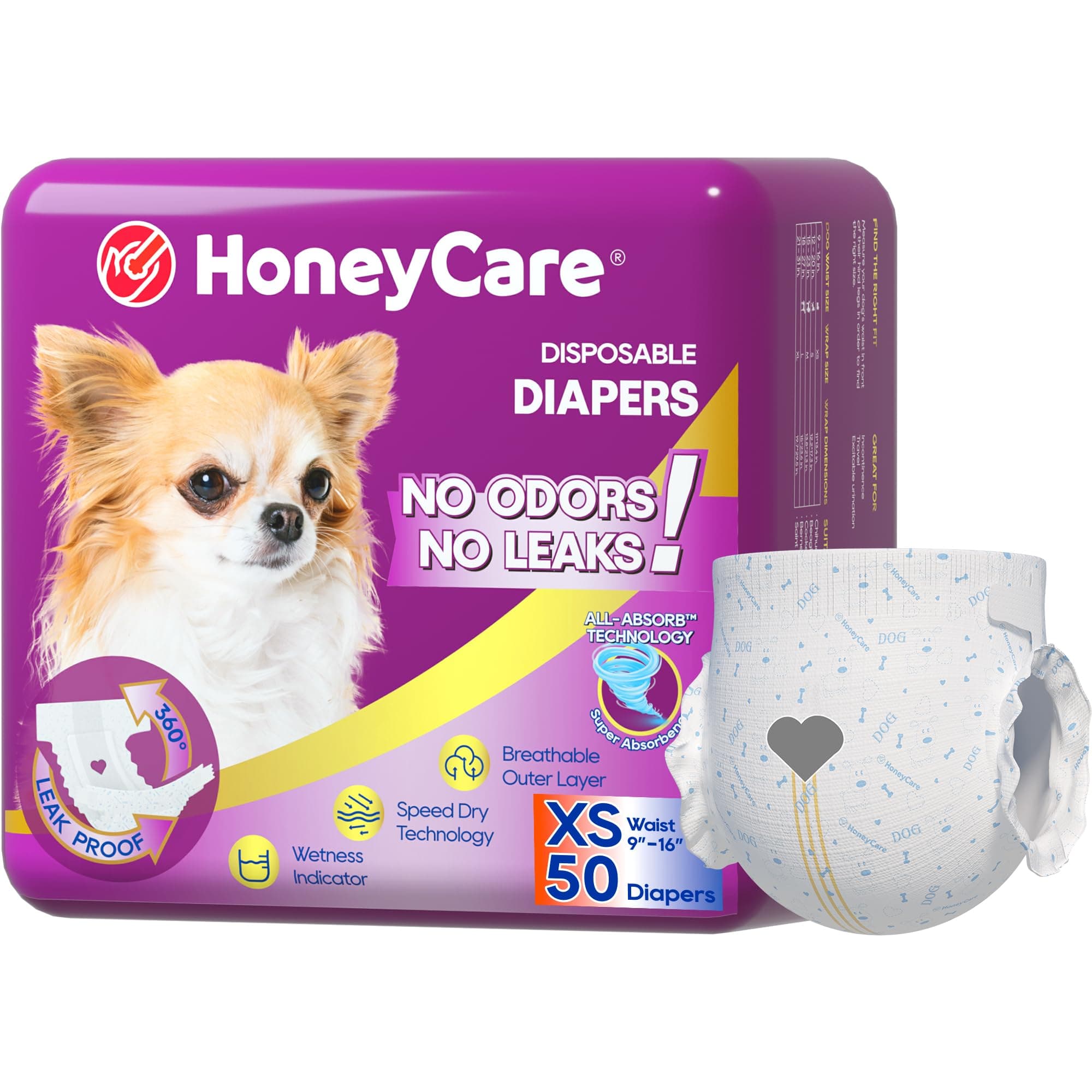 All-Absorb Disposable Female Dog Diapers Extra Small Size, Improved, 50 Count, Super Absorbent, Breathable, Wetness Indicator (Pack of 1, 50 Count Total)