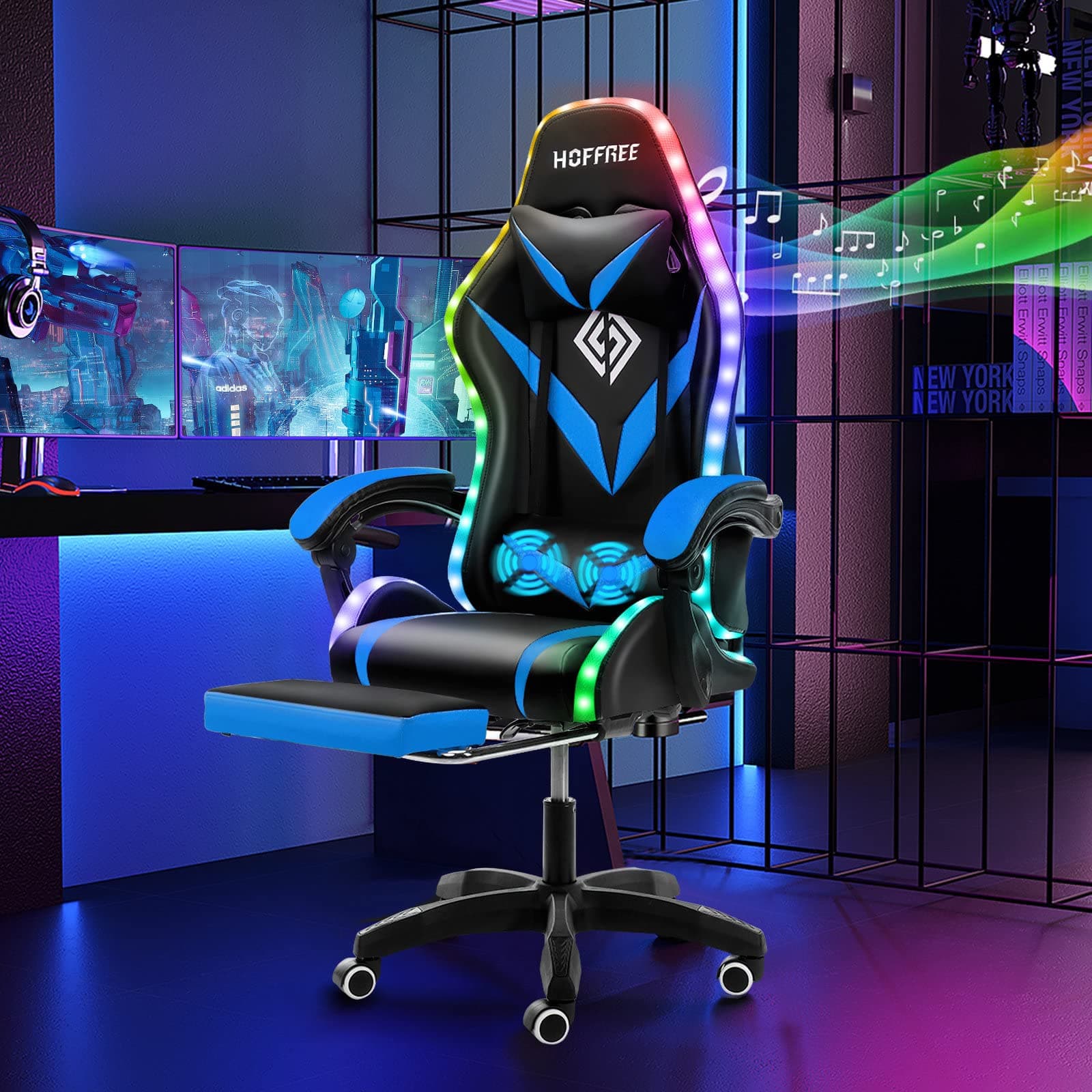HOFFREE Gaming Chair Massage with Bluetooth Speakers and Led Lights Ergonomic Computer Gaming Chair with Footrest RGB Video Game Chair with High Back Lumbar Support Blue and Black