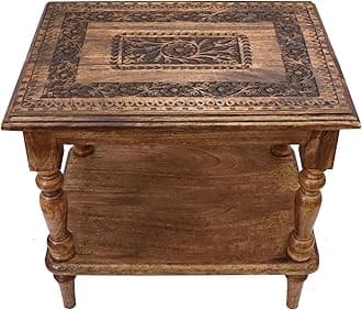 COTTON CRAFT Solid Wood End Table - Hand Carved Accent Table with Bottom Shelf - Vintage Farmhouse Boho Side Table - Small Spaces Entryway Living Room Bedside Table - No Tools Assembly - 21 x 16 x 18