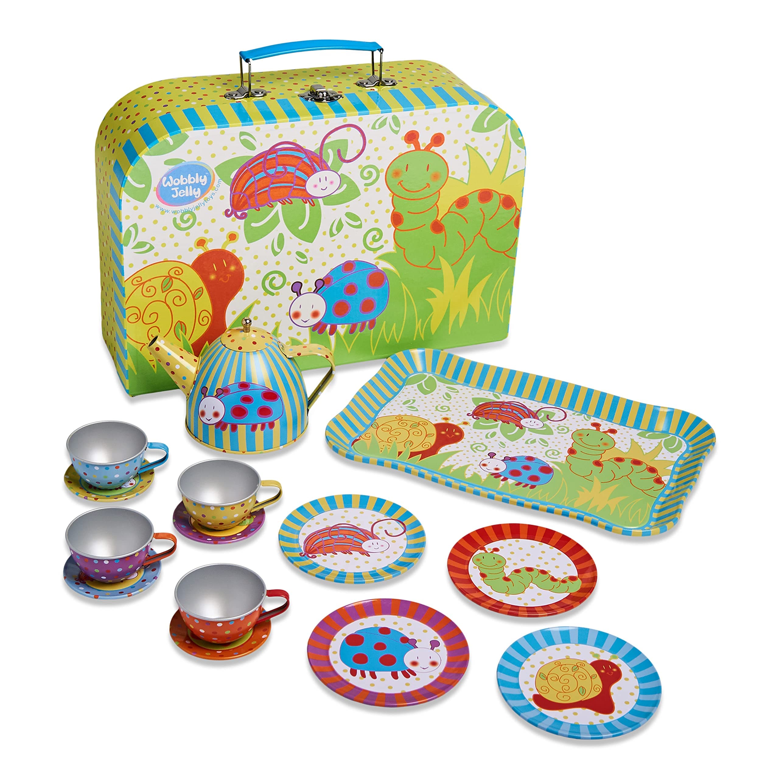 Slimy Toad Wobbly Jelly 'Wiggly Bug' Metal Tea Set & Carry Case Toy (14 Piece Kids Tea Set) Green, Blue, Yellow, Red