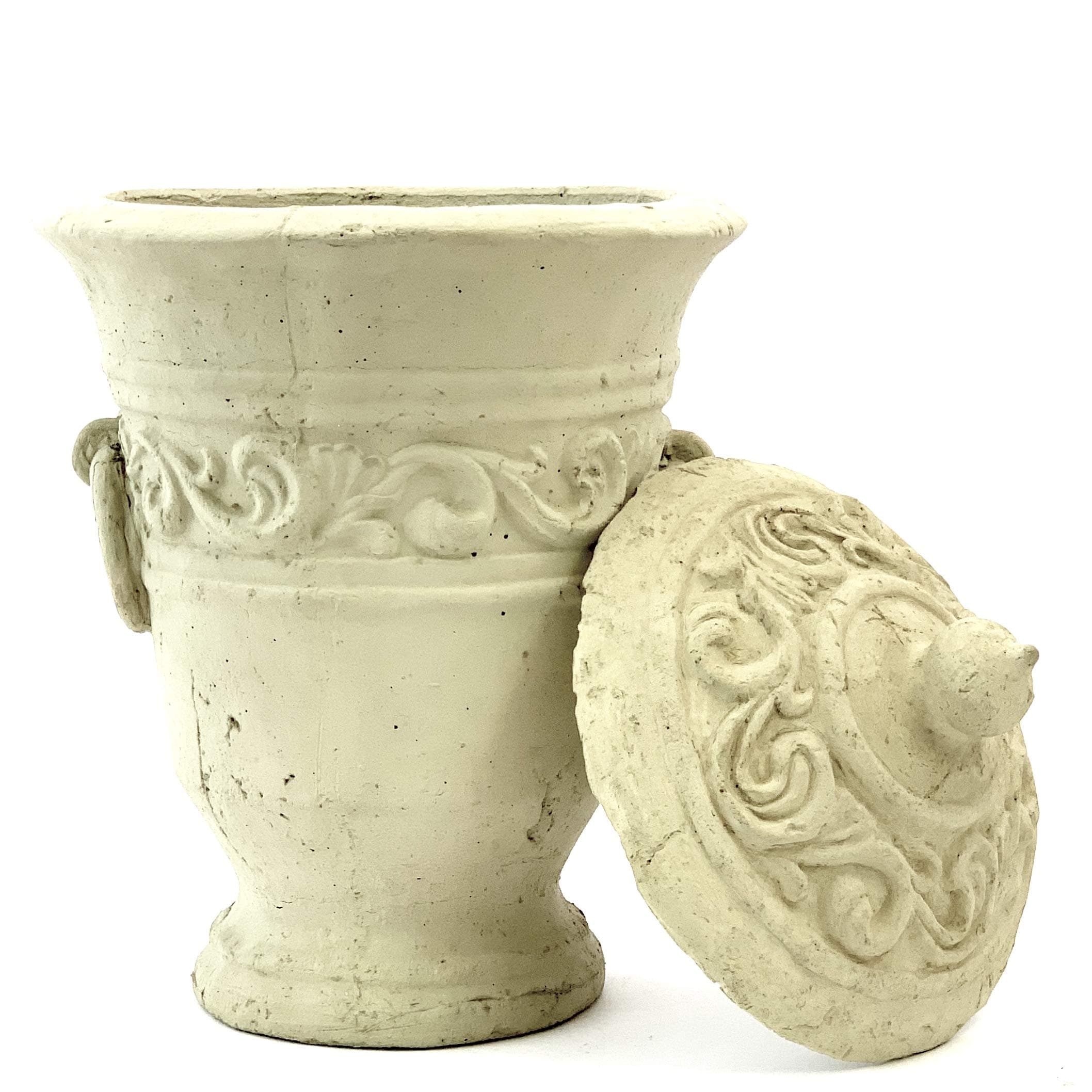 Vintage Motif URN w/ LID (No Drainage): Solid Durable Stone w/ Weathered Worn Detail. Perfect for Indoor Design & Outdoor Safe. Handcrafted in The USA (Classic - White)