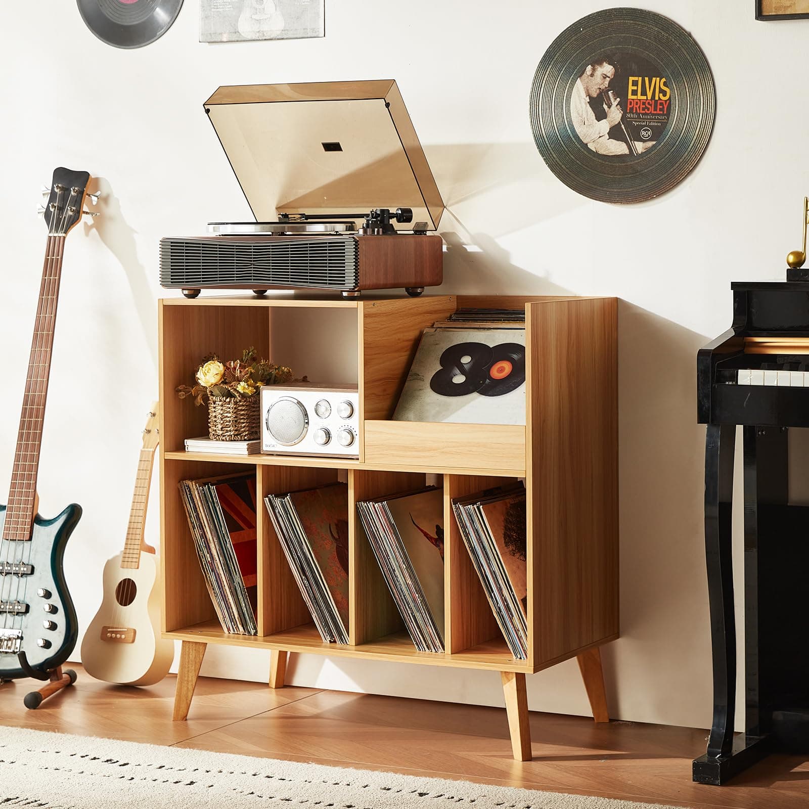 LELELINKY Large Record Player Stand, Turntable Stand with Storage, Vinyl Record Holder with Display Area, Record Player Table Holds Up to 300 Albums, Record Stand for Music Room Living Room-Natural