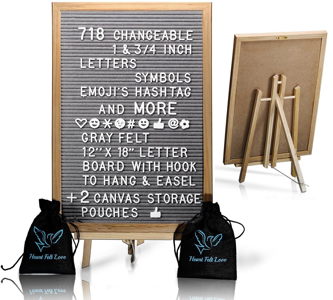Gray Felt Letter Board With Easel Stand 12 x 18 | 718 Changeable Characters Including 1 inch and ¾ Letters, Symbols, Emojis Hashtag And More | Great For Instagram | Hook To Hang | 2 Storage Pouches