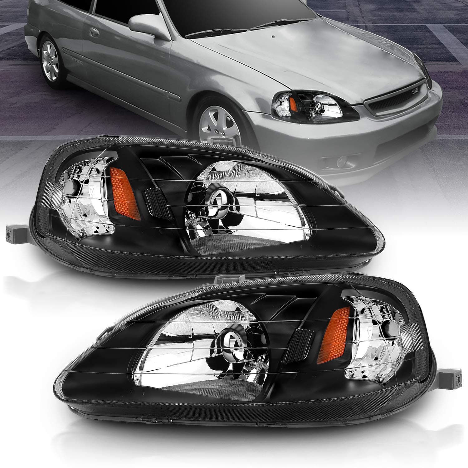 AmeriLite Black Replacement Headlights Set For 99-00 Honda Civic - Passenger and Driver Side
