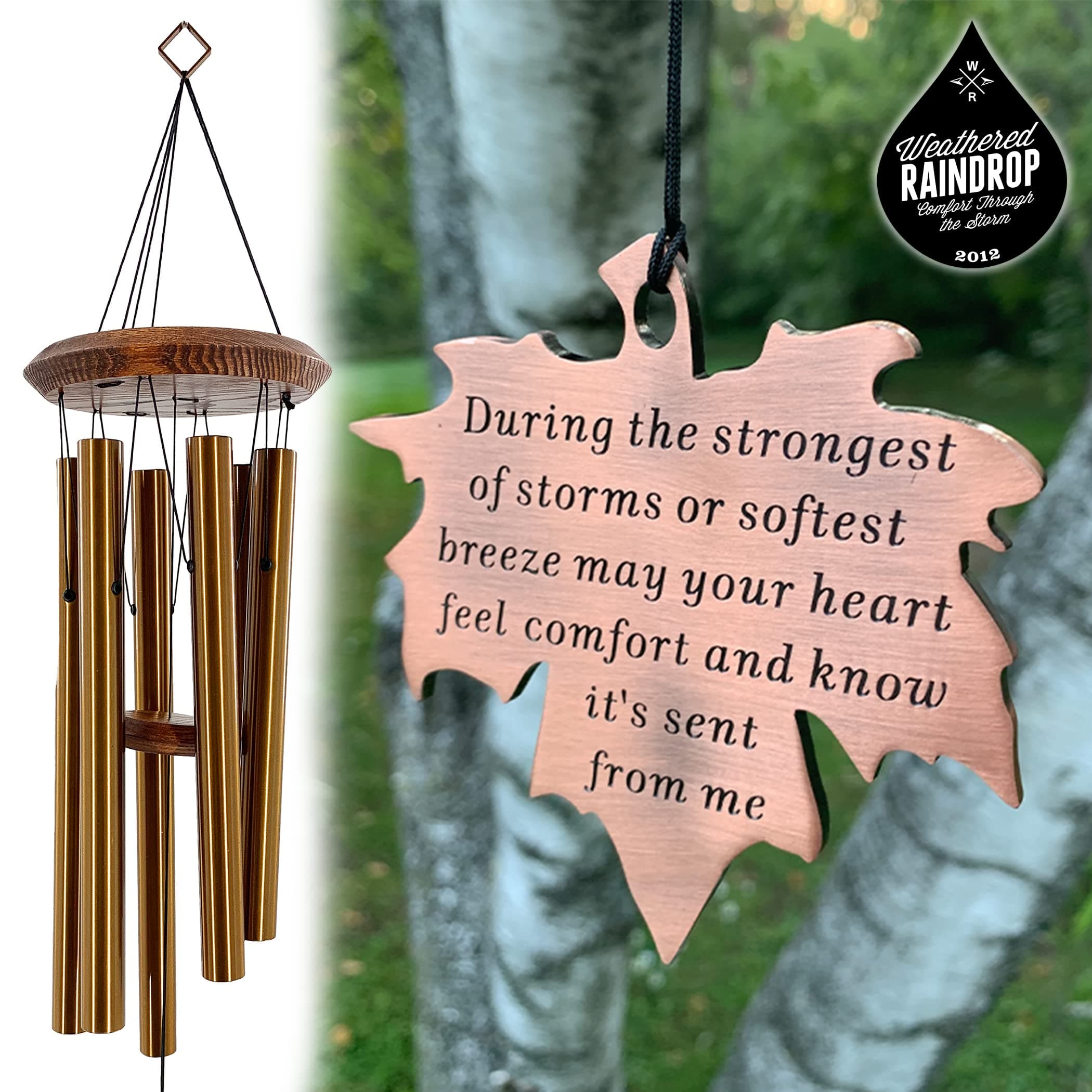 Personalized Memorial Wind Chimes USA Seller Deep Tone Large 28 inch Black Wind Chime with Maple Leaf or Teardrop Through the Strongest of Storms Sympathy Gift after Loss by Weathered Raindrop