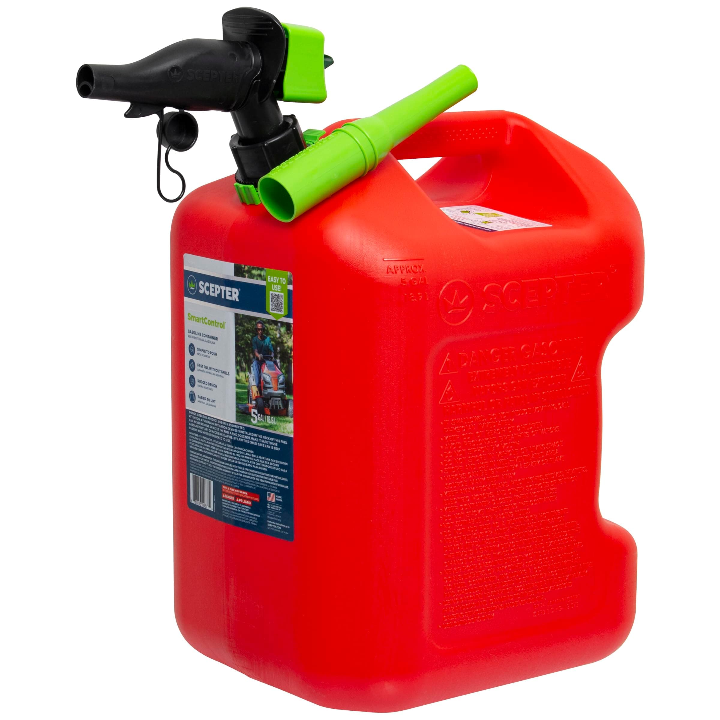 Scepter FSCG552 Fuel Container with Spill Proof SmartControl Spout with Bonus Spout Extender, Rear Handle Red Gas Can, 5 Gallon