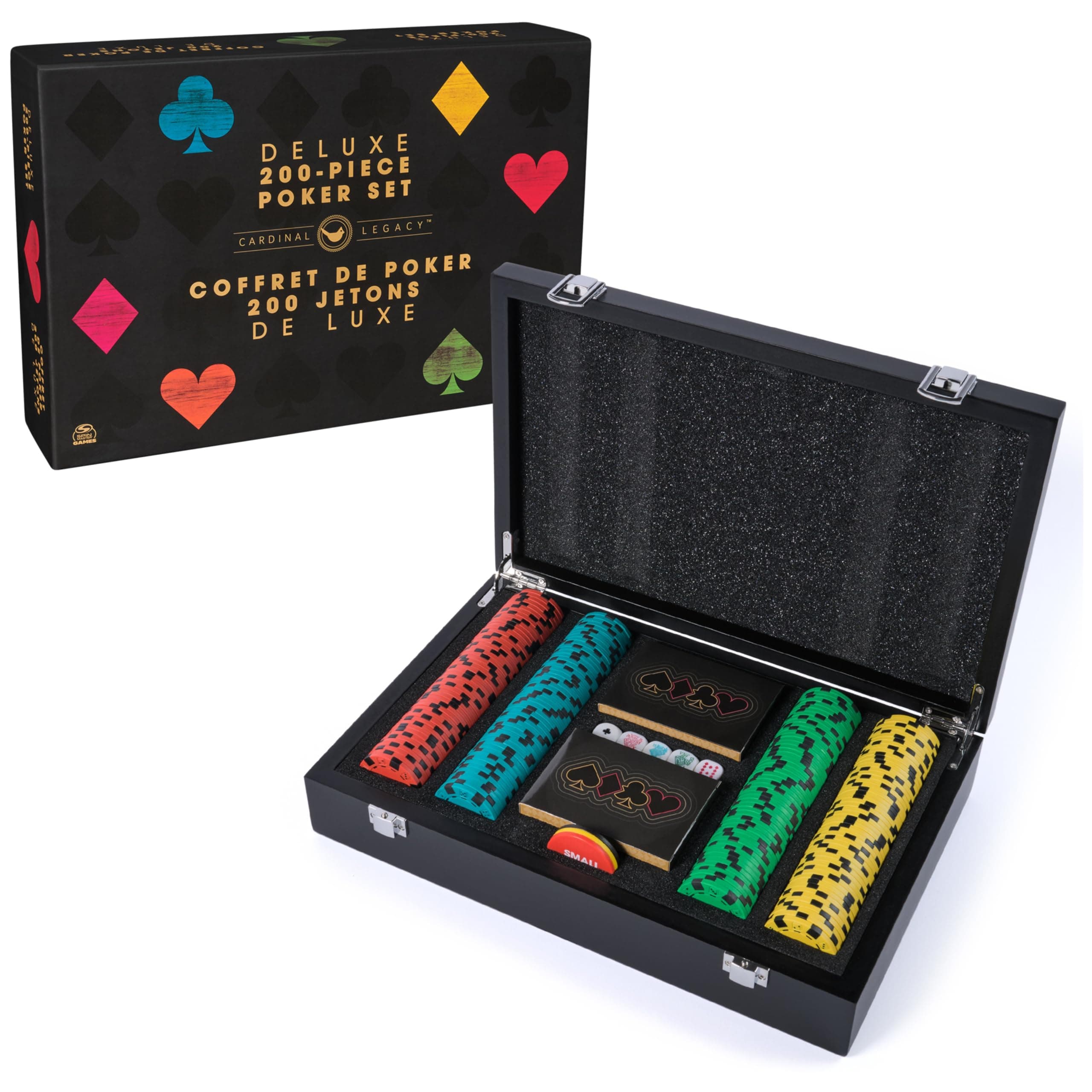 Cardinal Legacy Deluxe 200-Piece Poker Set, Premium 200 Dual-Toned Poker Chips & Cards in Wooden Storage Case, for Ages 10+