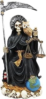 9" Tall Holy Death Santa Muerte Of Protection With Scythe And Scales Sitting On Throne Day of The Dead Decorative Figurine (Black)